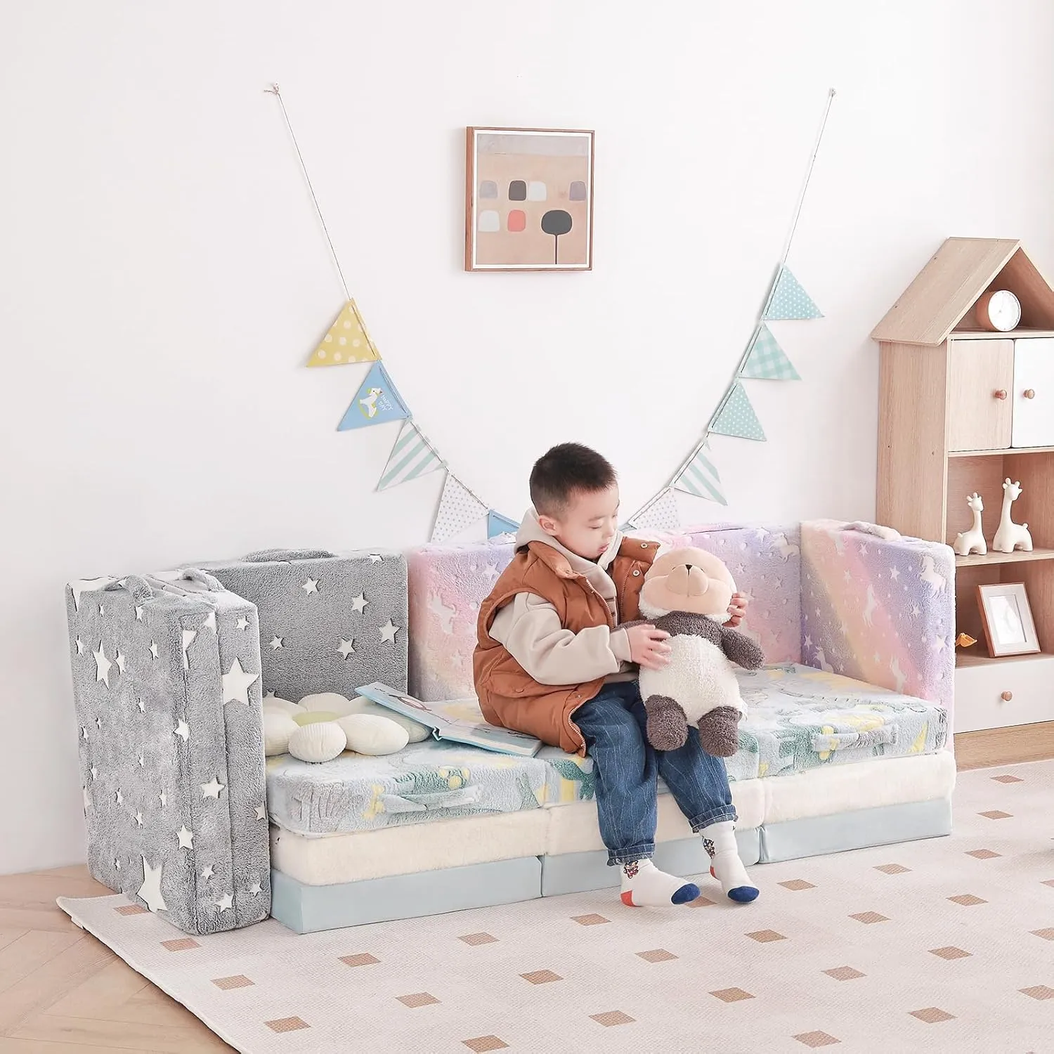 Tiita Trifold Floor Mattress for Kids, Glow in The Dark Baby Kids Futon with Removable Cover, Portable Foam Toddler Nap Mat with Storage Bag for Girls and Boys, Blue Dinosaur