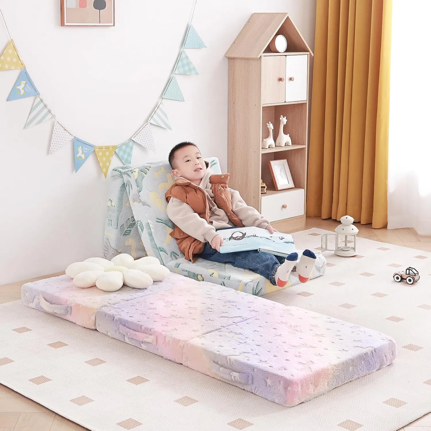 Tiita Trifold Floor Mattress for Kids, Glow in The Dark Baby Kids Futon with Removable Cover, Portable Foam Toddler Nap Mat with Storage Bag for Girls and Boys, Blue Dinosaur