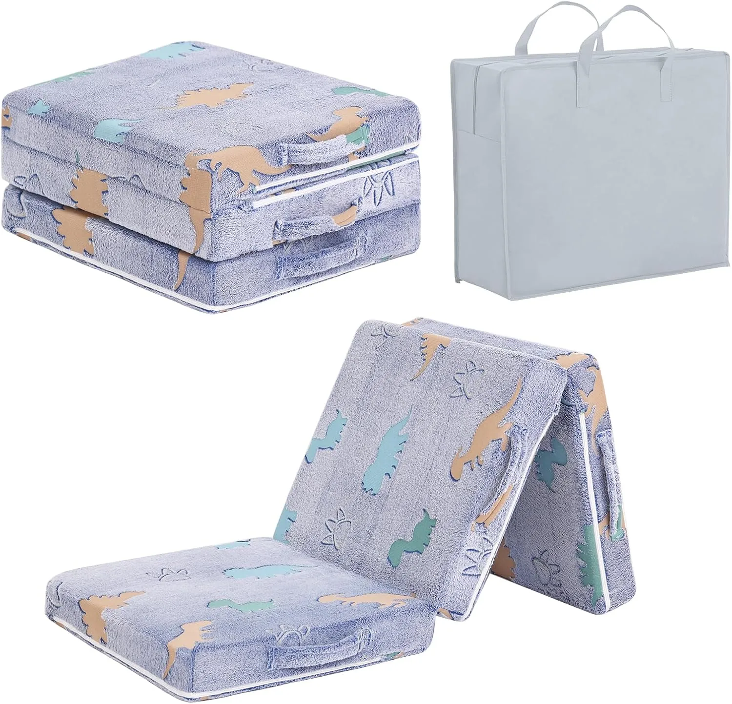 Tiita Trifold Floor Mattress for Kids, Glow in The Dark Baby Kids Futon with Removable Cover, Portable Foam Toddler Nap Mat with Storage Bag for Girls and Boys, Blue Dinosaur