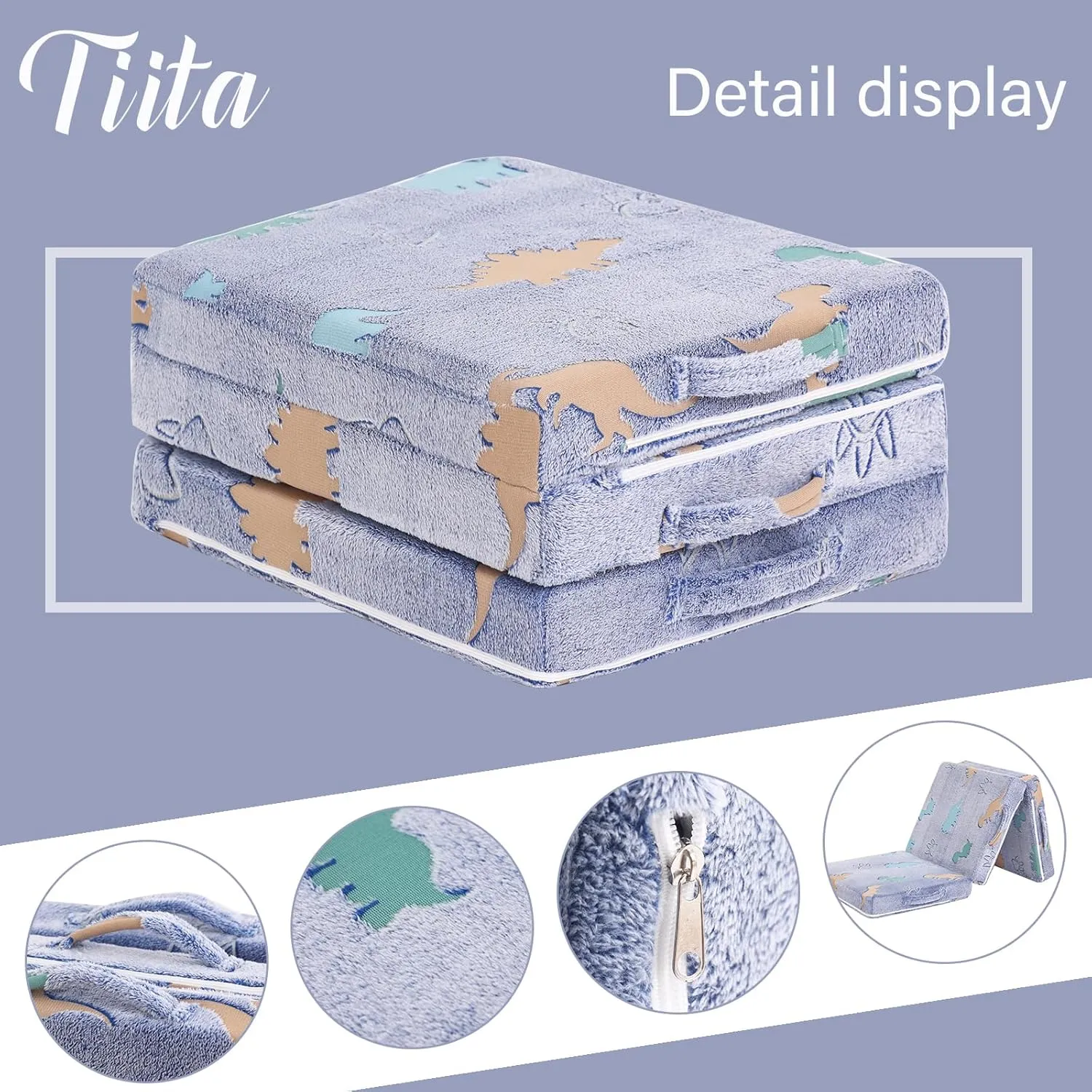 Tiita Trifold Floor Mattress for Kids, Glow in The Dark Baby Kids Futon with Removable Cover, Portable Foam Toddler Nap Mat with Storage Bag for Girls and Boys, Blue Dinosaur