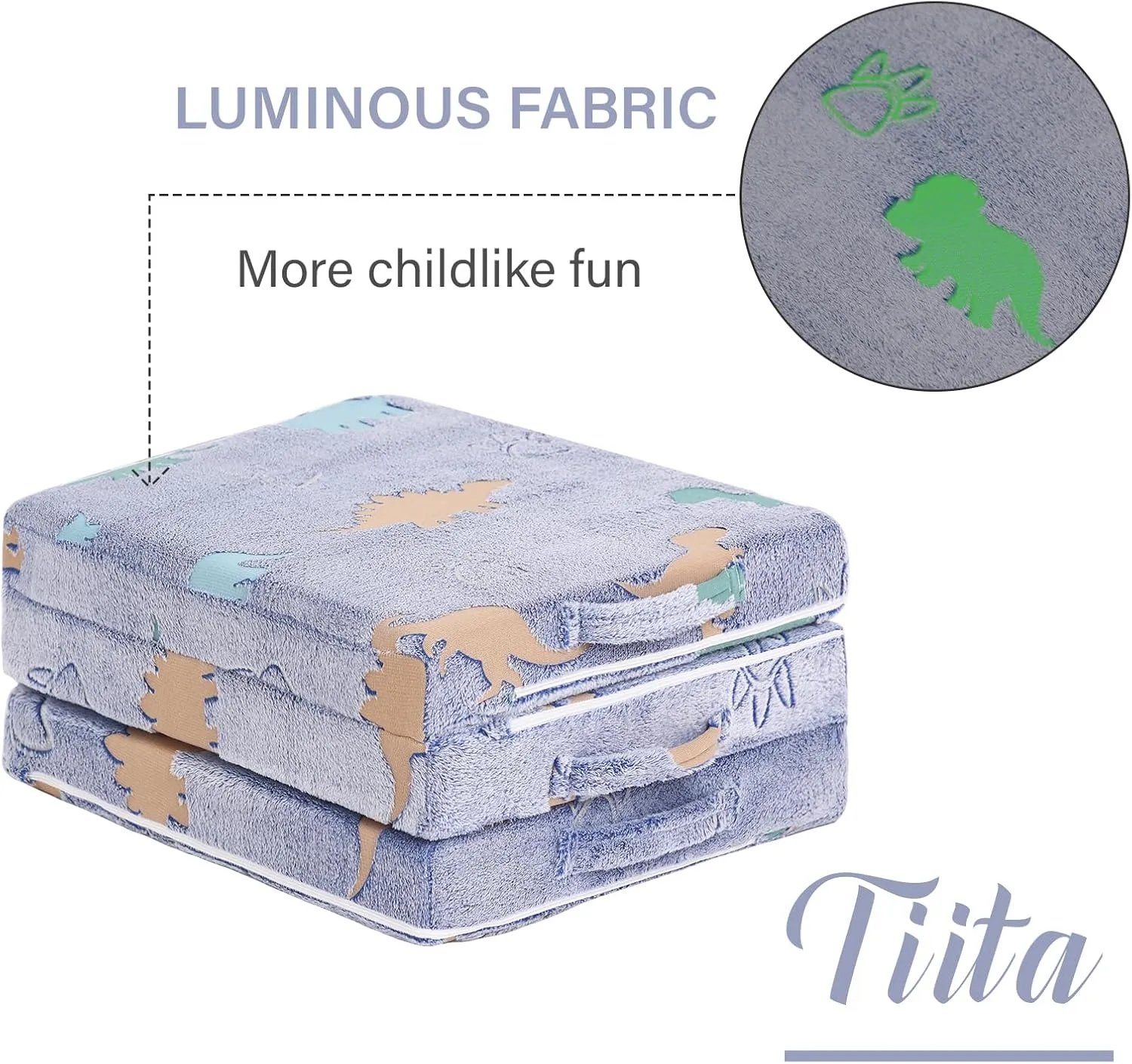 Tiita Trifold Floor Mattress for Kids, Glow in The Dark Baby Kids Futon with Removable Cover, Portable Foam Toddler Nap Mat with Storage Bag for Girls and Boys, Blue Dinosaur
