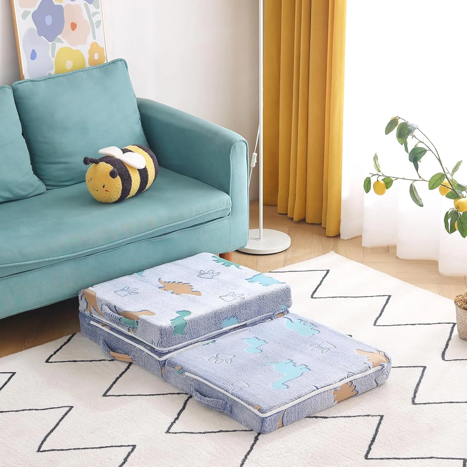 Tiita Trifold Floor Mattress for Kids, Glow in The Dark Baby Kids Futon with Removable Cover, Portable Foam Toddler Nap Mat with Storage Bag for Girls and Boys, Blue Dinosaur