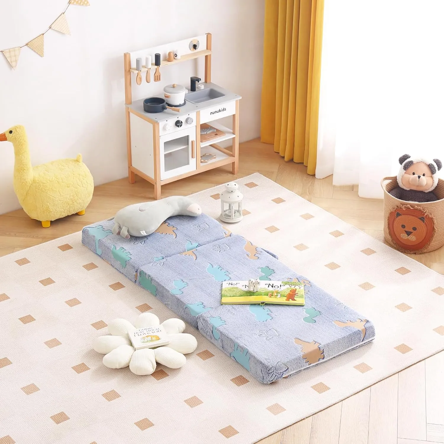 Tiita Trifold Floor Mattress for Kids, Glow in The Dark Baby Kids Futon with Removable Cover, Portable Foam Toddler Nap Mat with Storage Bag for Girls and Boys, Blue Dinosaur