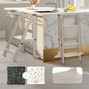 Toddler Tower Foldable Kitchen Step Stool Helper With Safety Railing & 3 Adjustable Heights, Standing Tower With Double-Sided Drawing Board, Montessori Learning for Toddlers/Kids (Grey)