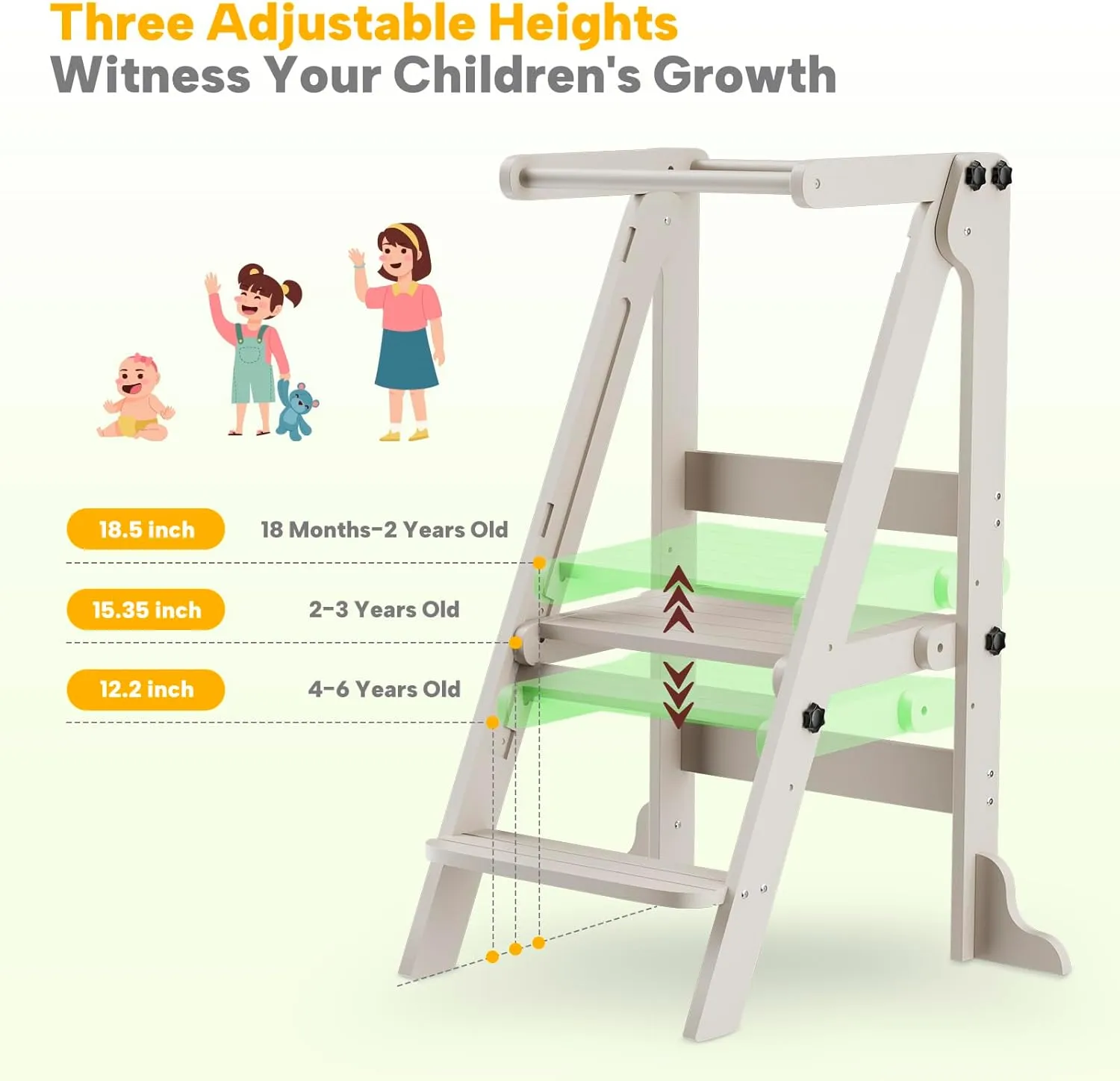 Toddler Tower Foldable Kitchen Step Stool Helper With Safety Railing & 3 Adjustable Heights, Standing Tower With Double-Sided Drawing Board, Montessori Learning for Toddlers/Kids (Grey)