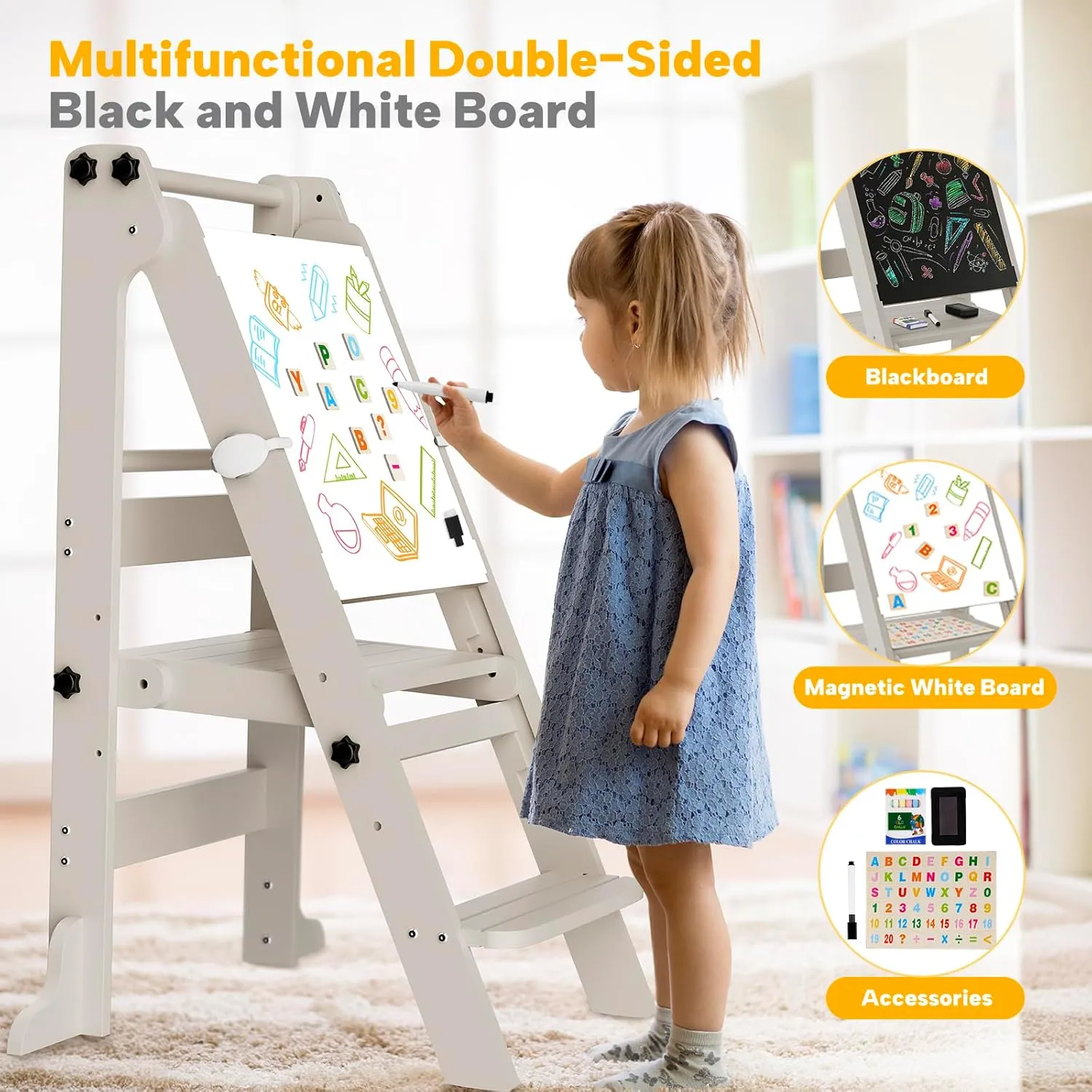 Toddler Tower Foldable Kitchen Step Stool Helper With Safety Railing & 3 Adjustable Heights, Standing Tower With Double-Sided Drawing Board, Montessori Learning for Toddlers/Kids (Grey)