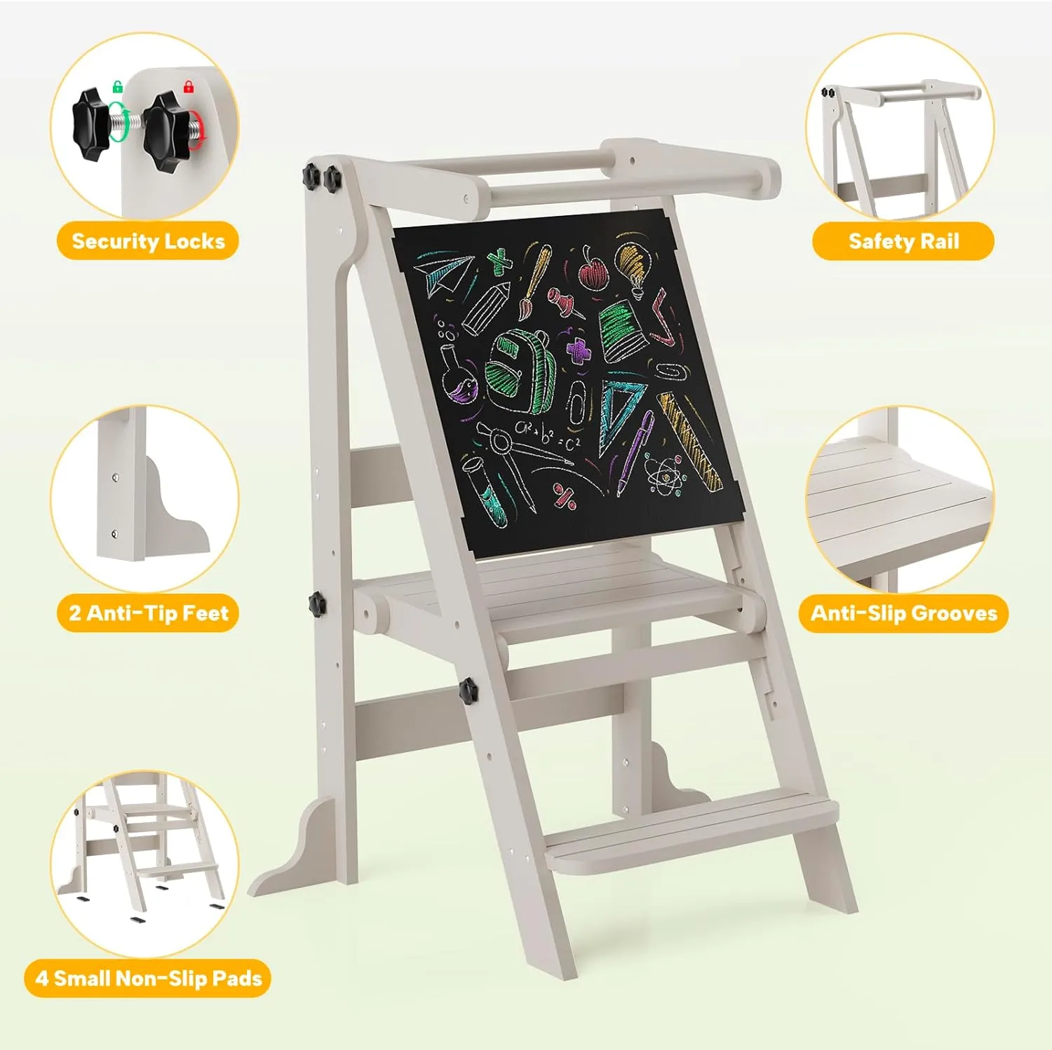 Toddler Tower Foldable Kitchen Step Stool Helper With Safety Railing & 3 Adjustable Heights, Standing Tower With Double-Sided Drawing Board, Montessori Learning for Toddlers/Kids (Grey)