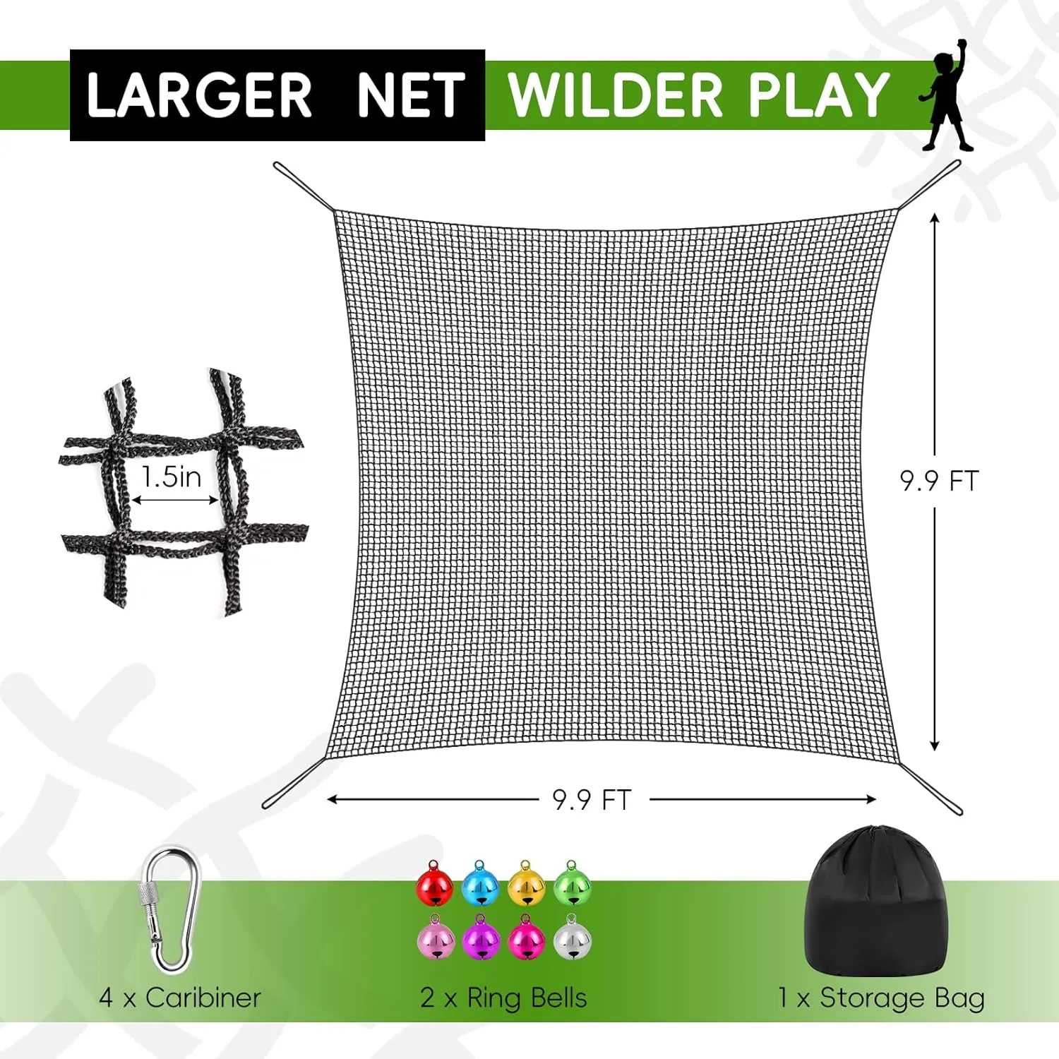 TOPNEW Double Layers Climbing Cargo Net - 9.9FT x 9.9FT Heavy Duty Playground Safety Net for Kids Backyard, Tree Fort & Jungle Gyms | Treehouse Accessories with Storage Bag & Carabiners (Black)