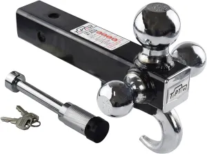 TOPTOW 64180L Trailer Receiver Hitch Triple Ball Mount with Hook, Fits for 2 inch Receiver, Chrome Balls, 2 inch Shank, with 5/8 inch Lock