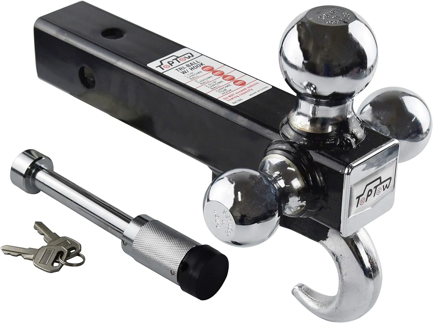 TOPTOW 64180L Trailer Receiver Hitch Triple Ball Mount with Hook, Fits for 2 inch Receiver, Chrome Balls, 2 inch Shank, with 5/8 inch Lock