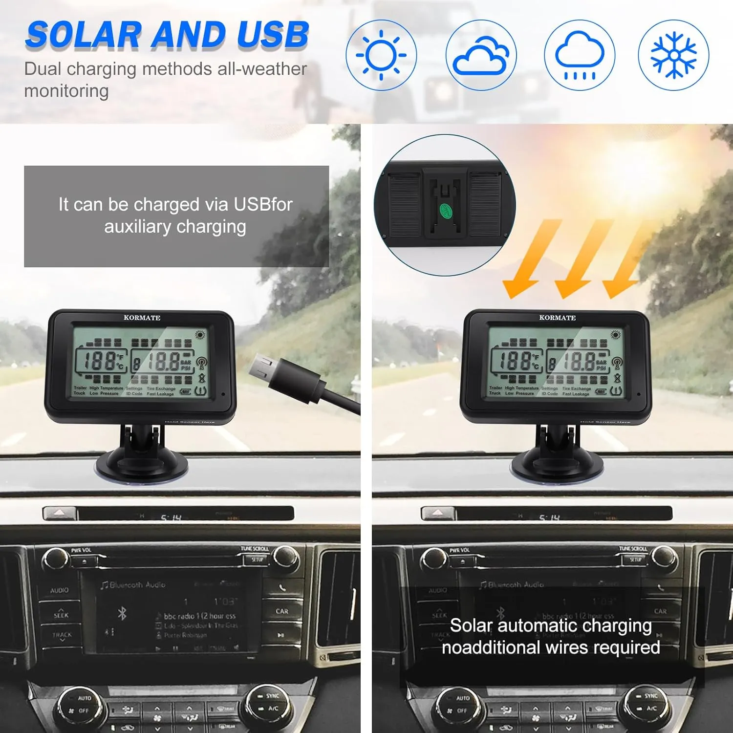 TPMS,tire Pressure Monitoring Systems tpms,7 Alert Modes,Wireless Solar Power,for RV,Truck,semi Truck,Motorhome,Coach,5th Wheel,Trailer (Flow Thru Sensor, 10 Sensors)