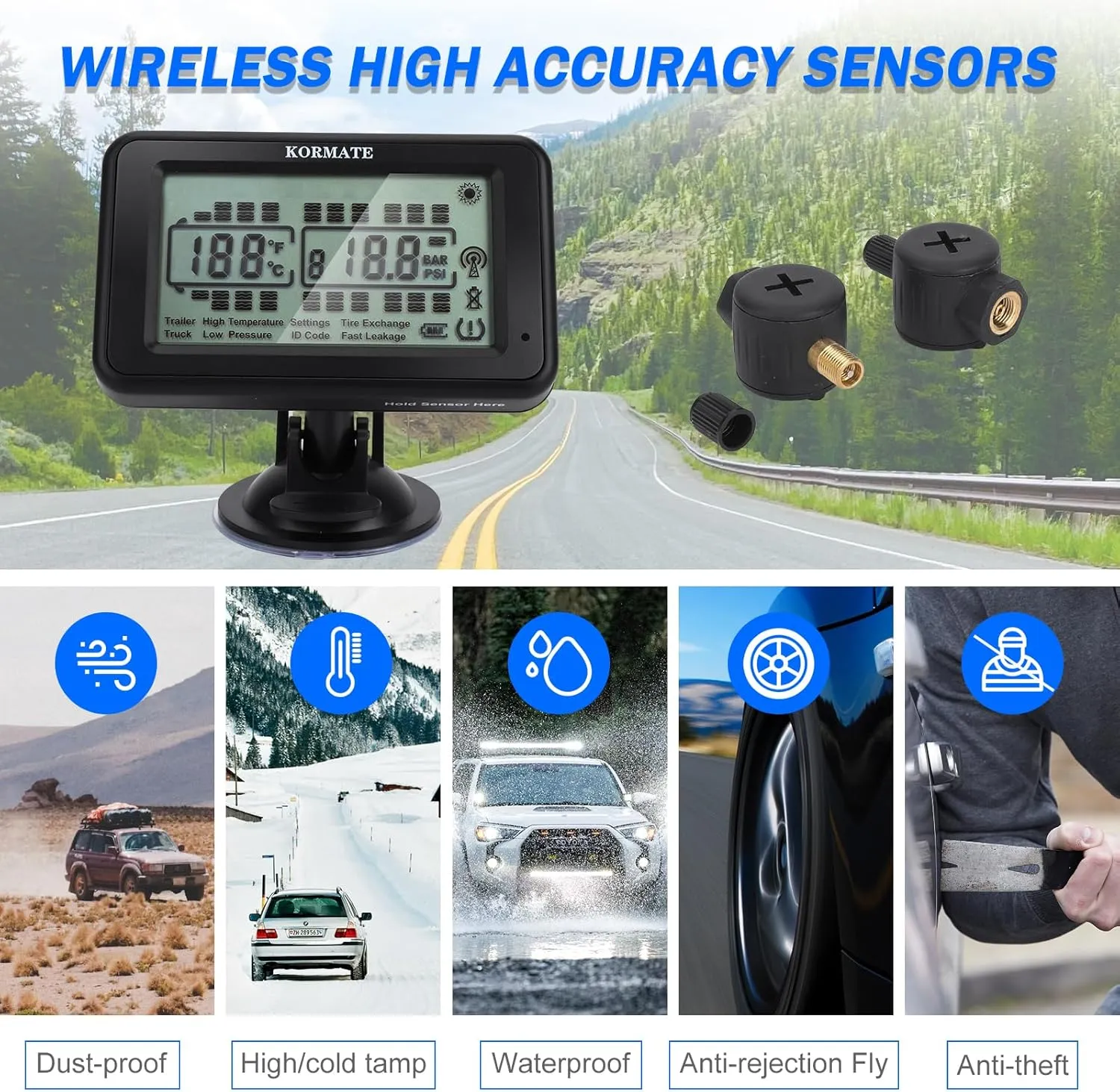 TPMS,tire Pressure Monitoring Systems tpms,7 Alert Modes,Wireless Solar Power,for RV,Truck,semi Truck,Motorhome,Coach,5th Wheel,Trailer (Flow Thru Sensor, 10 Sensors)