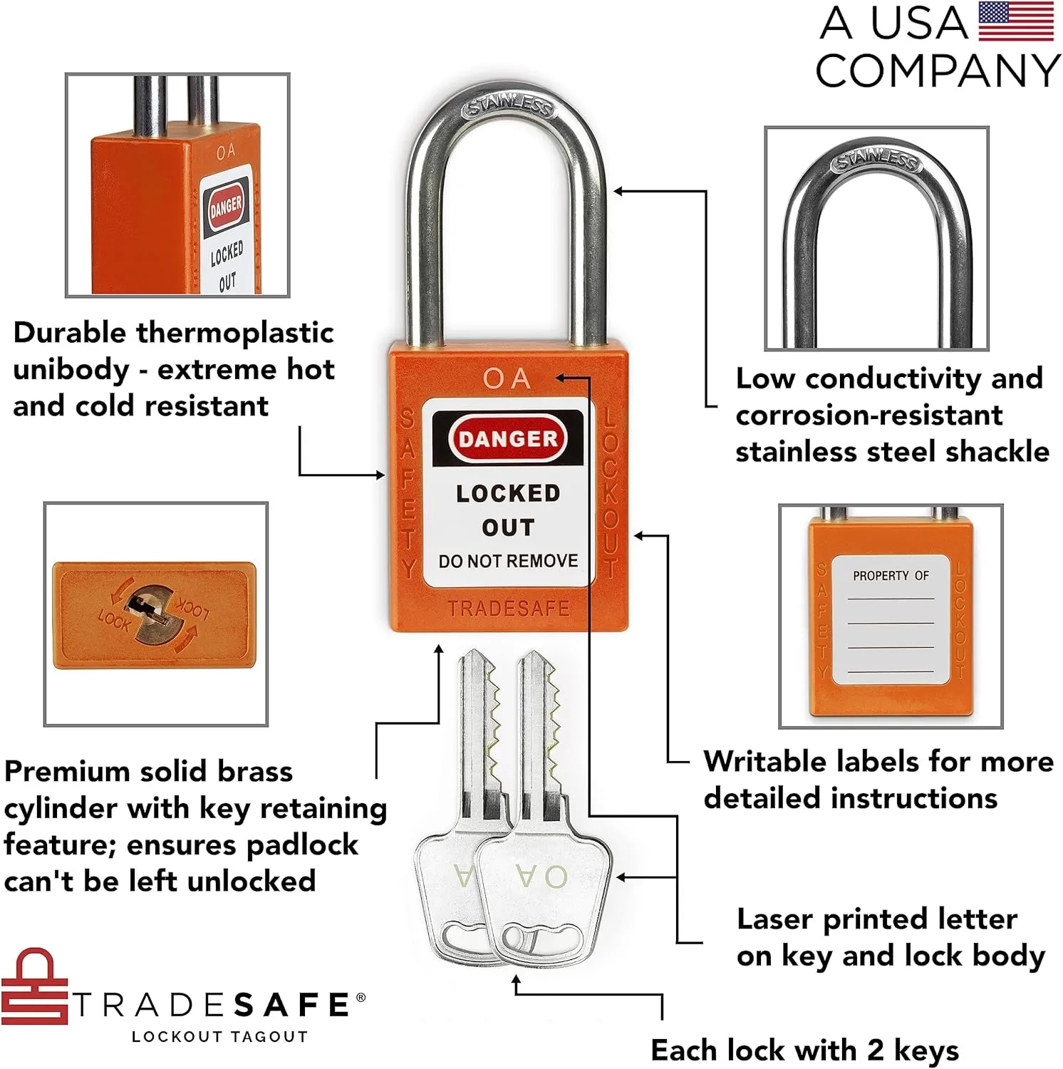 TRADESAFE Lockout Tagout Lock Sets, 10 Orange Keyed Alike Unlimited Grouping Safety Padlocks, 2 Keys Per Lock, OSHA Compliant Loto Locks, for Lock Out Tag Out Kits