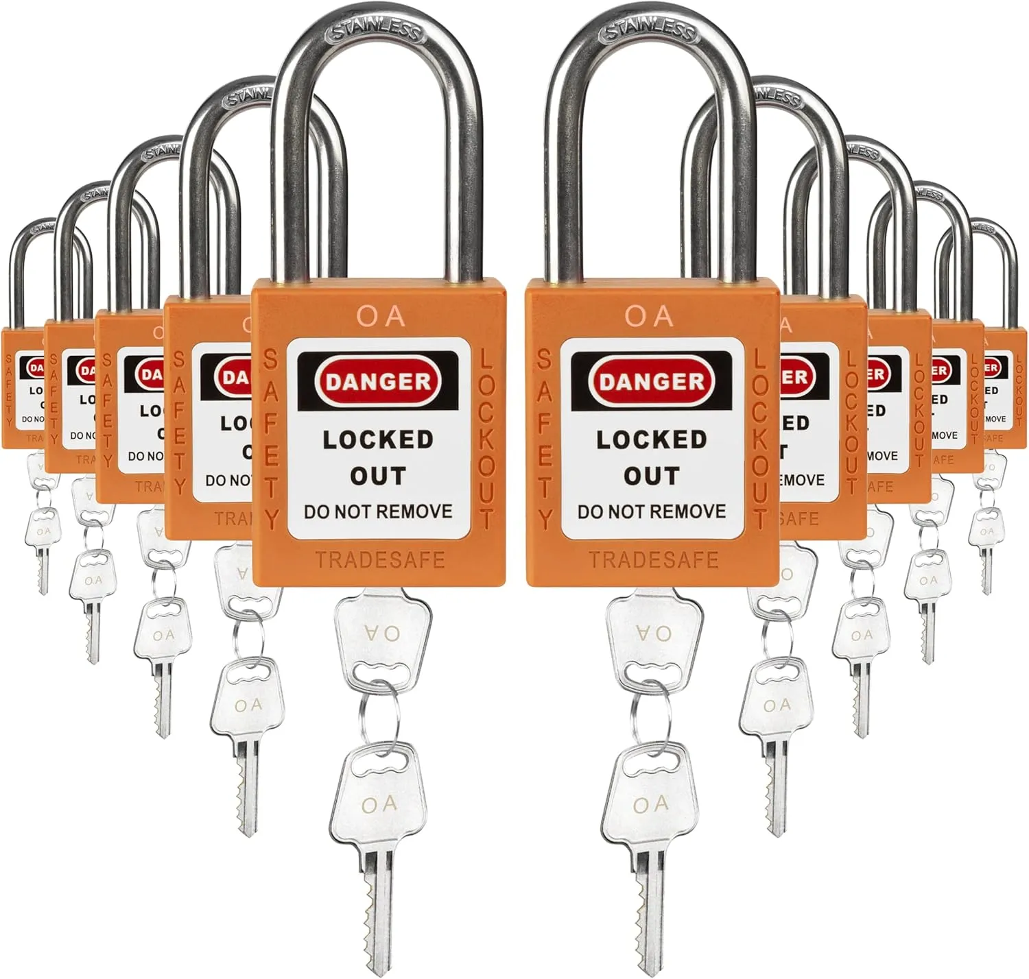 TRADESAFE Lockout Tagout Lock Sets, 10 Orange Keyed Alike Unlimited Grouping Safety Padlocks, 2 Keys Per Lock, OSHA Compliant Loto Locks, for Lock Out Tag Out Kits