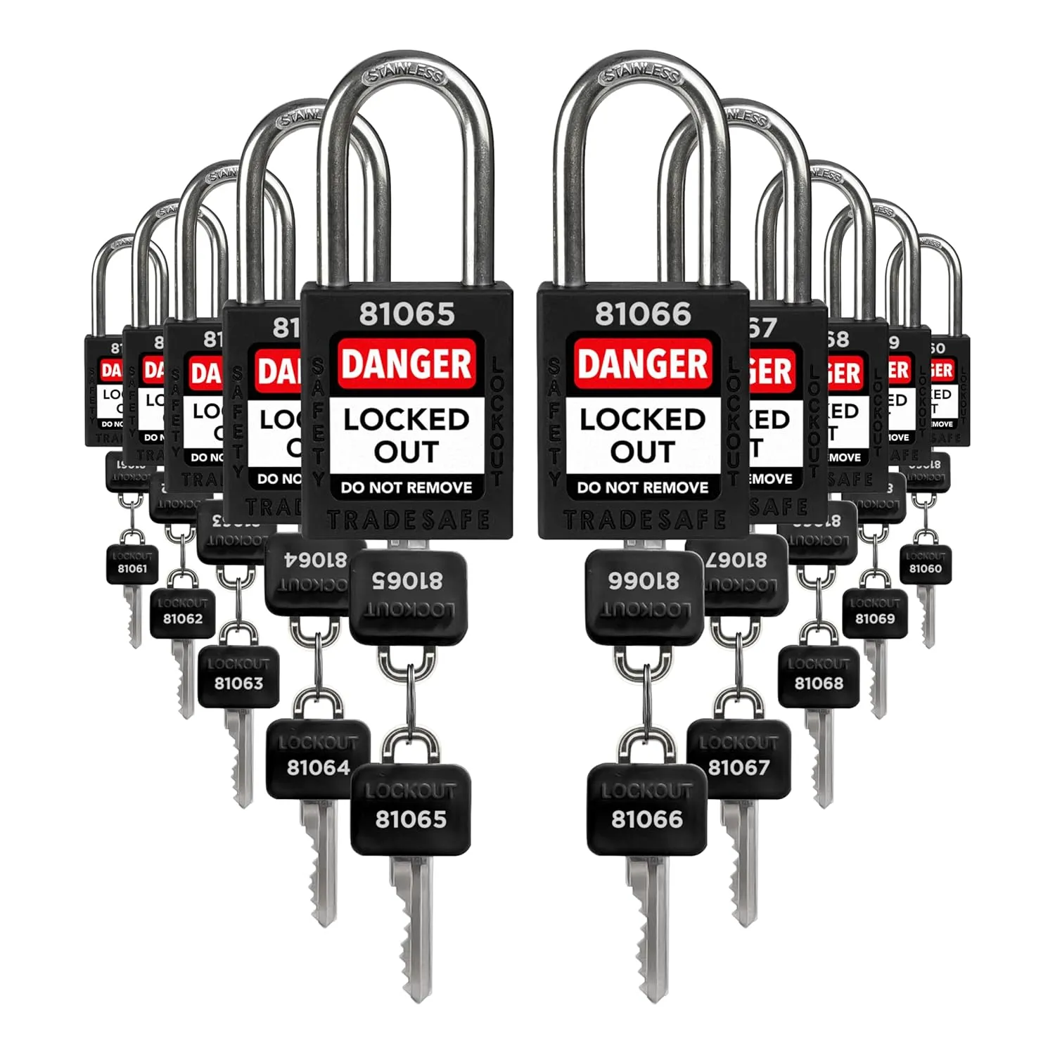 TRADESAFE Lockout Tagout Locks Set - 10 Black Lockout Locks Keyed Different, 2 Keys Per Loto Lock, OSHA Compliant Lock Out Tag Out Padlocks, Safety Padlocks for Electrical Lockout Tag Out Kits