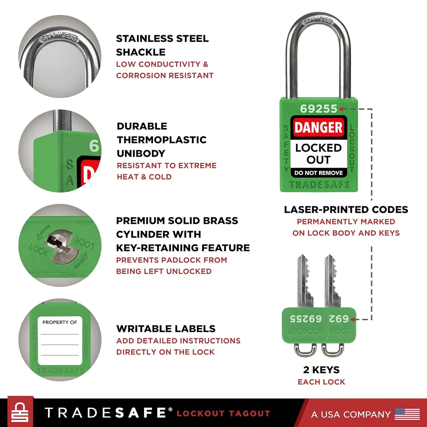 TRADESAFE Lockout Tagout Locks Set - 10 Green Lockout Locks Keyed Different, 2 Keys Per Loto Lock, OSHA Compliant Lock Out Tag Out Padlocks for Electrical Lockout Tag Out Kits