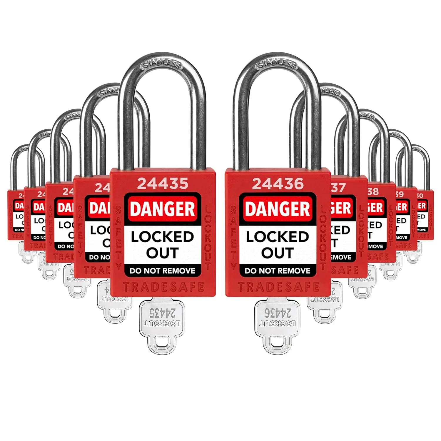 TRADESAFE Lockout Tagout Locks Set - 10 Red Loto Locks, Lockout Locks Keyed Different, 1 Key Per Lock, OSHA Compliant Lock Out Tag Out Padlocks, Safety Padlocks for Electrical Lockout Tag Out Kits