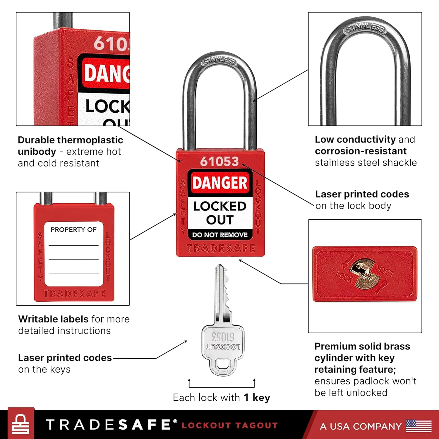 TRADESAFE Lockout Tagout Locks Set - 10 Red Loto Locks, Lockout Locks Keyed Different, 1 Key Per Lock, OSHA Compliant Lock Out Tag Out Padlocks, Safety Padlocks for Electrical Lockout Tag Out Kits