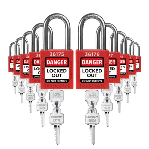 TRADESAFE Lockout Tagout Locks Set - 10 Red Loto Locks, Lockout Locks Keyed Different, 2 Keys Per Lock, OSHA Compliant Lock Out Tag Out Padlocks, Safety Padlocks for Electrical Lockout Tag Out Kits