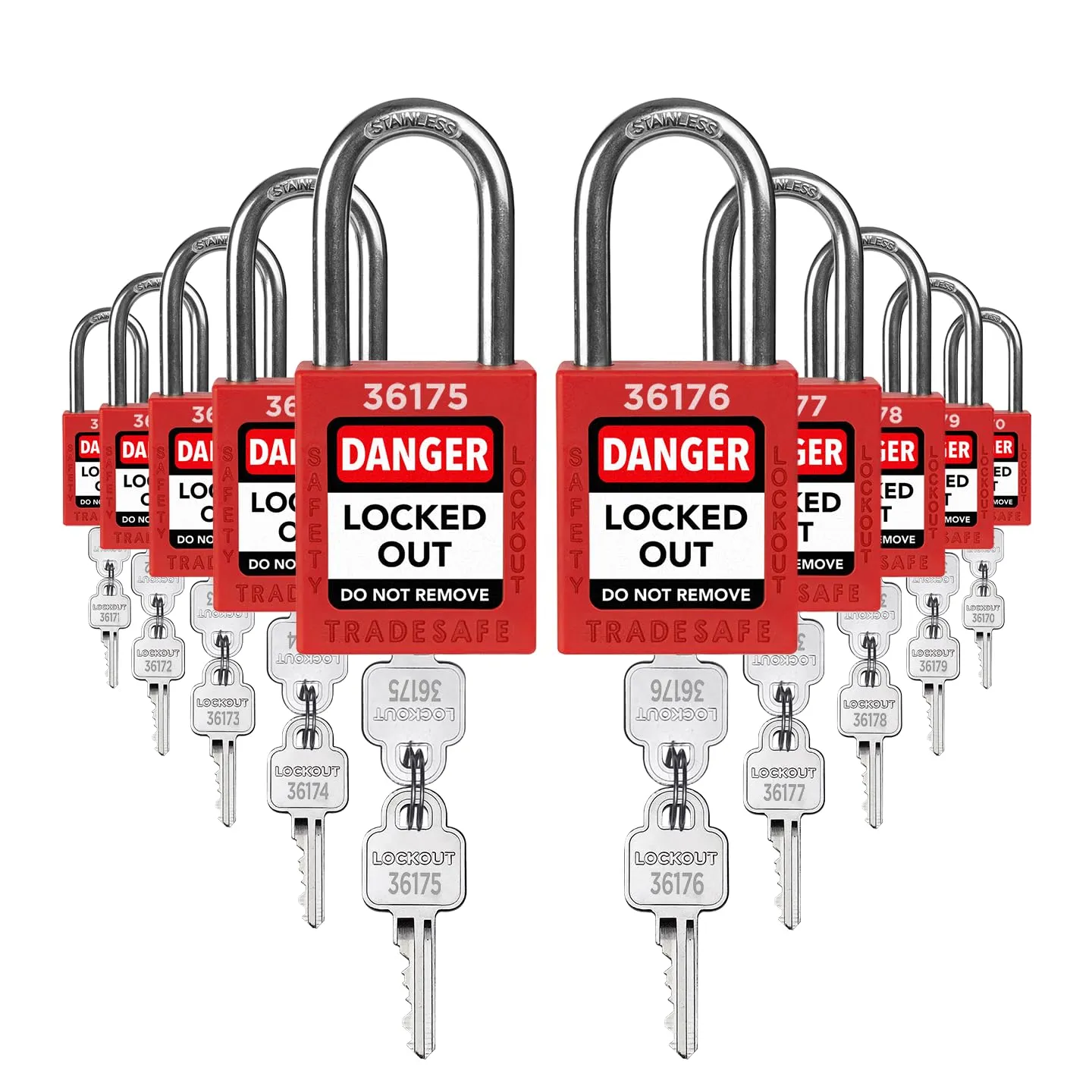 TRADESAFE Lockout Tagout Locks Set - 10 Red Loto Locks, Lockout Locks Keyed Different, 2 Keys Per Lock, OSHA Compliant Lock Out Tag Out Padlocks, Safety Padlocks for Electrical Lockout Tag Out Kits