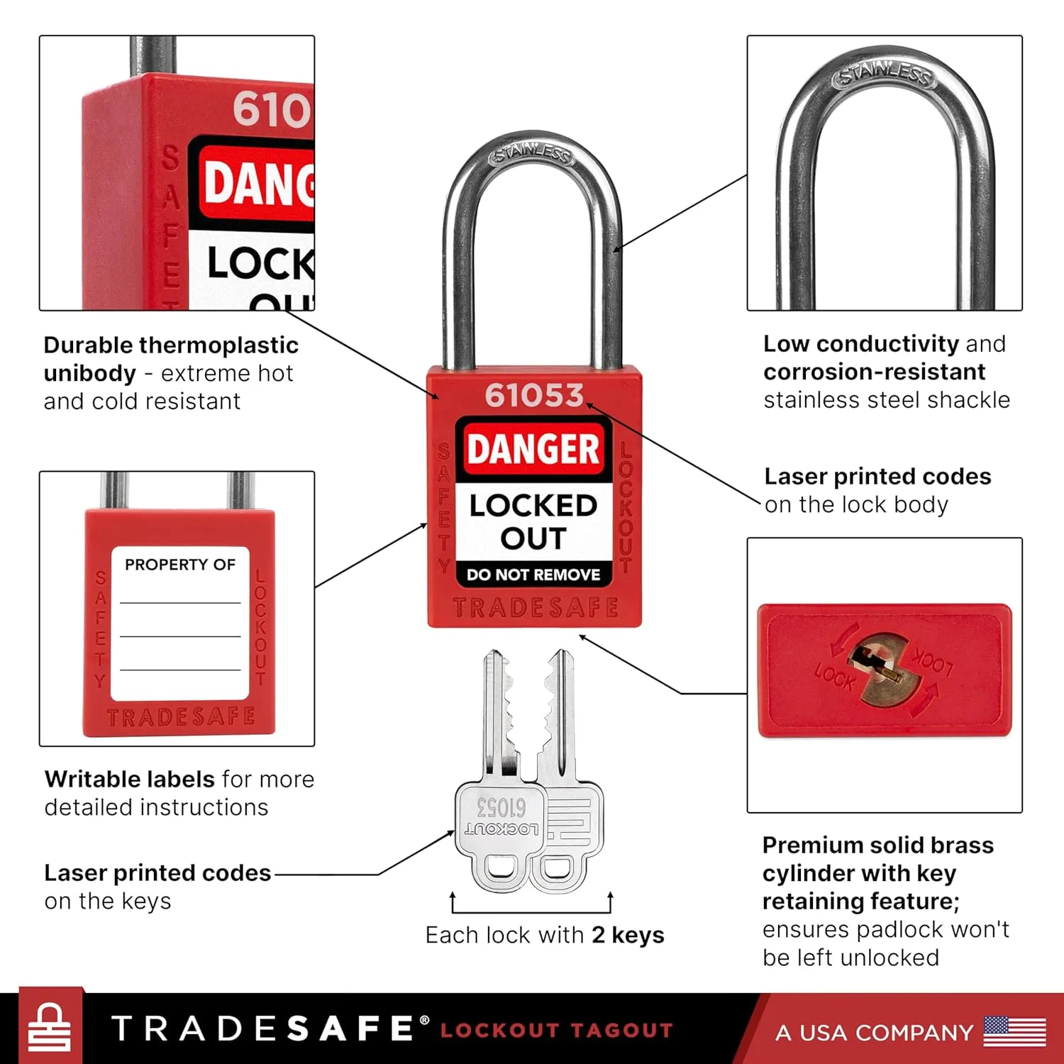 TRADESAFE Lockout Tagout Locks Set - 10 Red Loto Locks, Lockout Locks Keyed Different, 2 Keys Per Lock, OSHA Compliant Lock Out Tag Out Padlocks, Safety Padlocks for Electrical Lockout Tag Out Kits