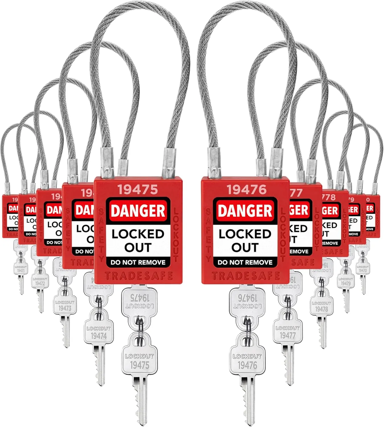 TRADESAFE Lockout Tagout Steel Cable Locks with Keys,10 Red Keyed Different Electrical Lockout Padlock Set, 2 Keys per Lock, OSHA Compliant, Premium Grade