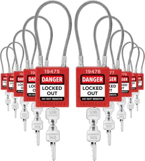 TRADESAFE Lockout Tagout Steel Cable Locks with Keys,10 Red Keyed Different Electrical Lockout Padlock Set, 2 Keys per Lock, OSHA Compliant, Premium Grade