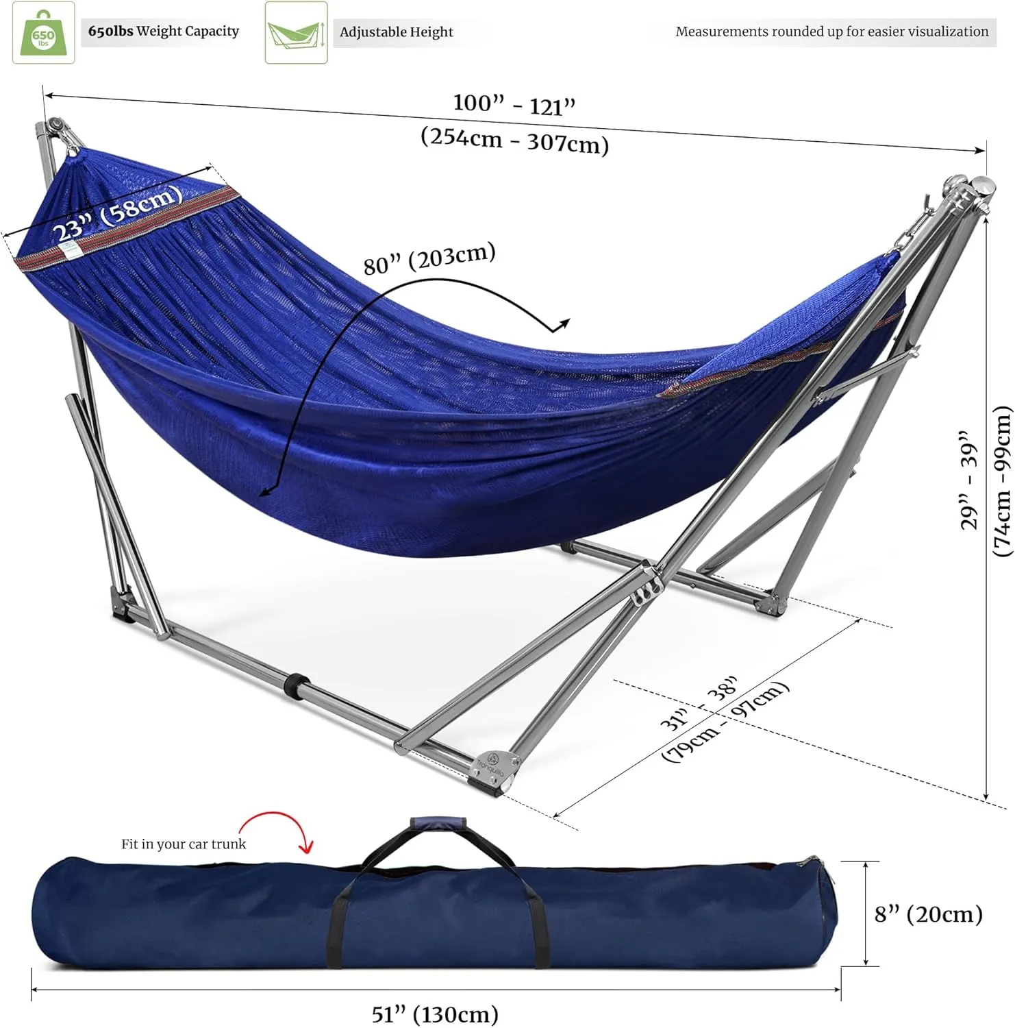 Tranquillo 650 lbs Capacity Double Hammock Stand for 2 Persons, Adjustable Hammock Stand, Collapsible Camping Hammock and Stand, Signature Stainless Steel Stand Breathable Polyester Hammock Net, Blue