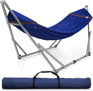 Tranquillo 650 lbs Capacity Double Hammock Stand for 2 Persons, Adjustable Hammock Stand, Collapsible Camping Hammock and Stand, Signature Stainless Steel Stand Breathable Polyester Hammock Net, Blue