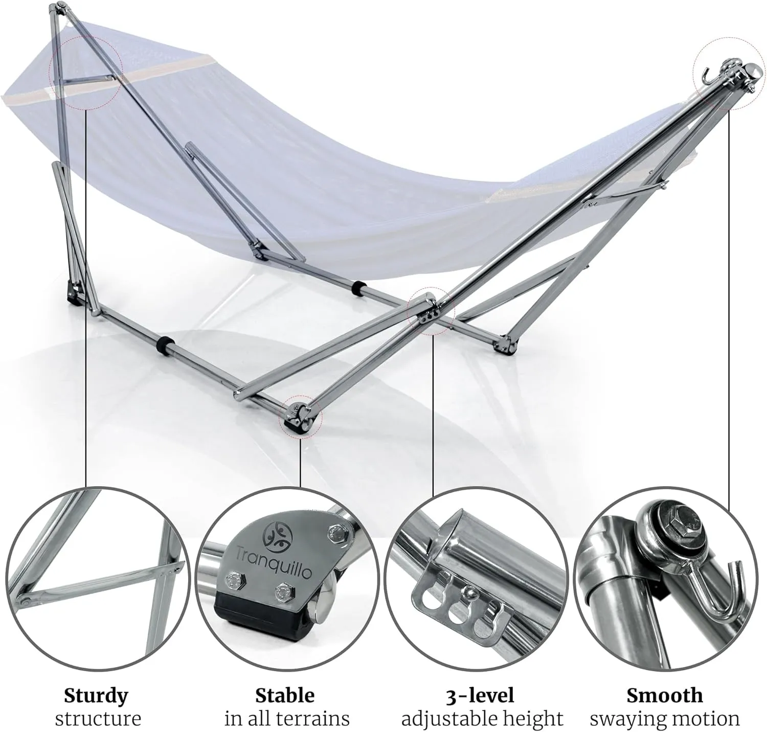 Tranquillo 650 lbs Capacity Double Hammock Stand for 2 Persons, Adjustable Hammock Stand, Collapsible Camping Hammock and Stand, Signature Stainless Steel Stand Breathable Polyester Hammock Net, Blue