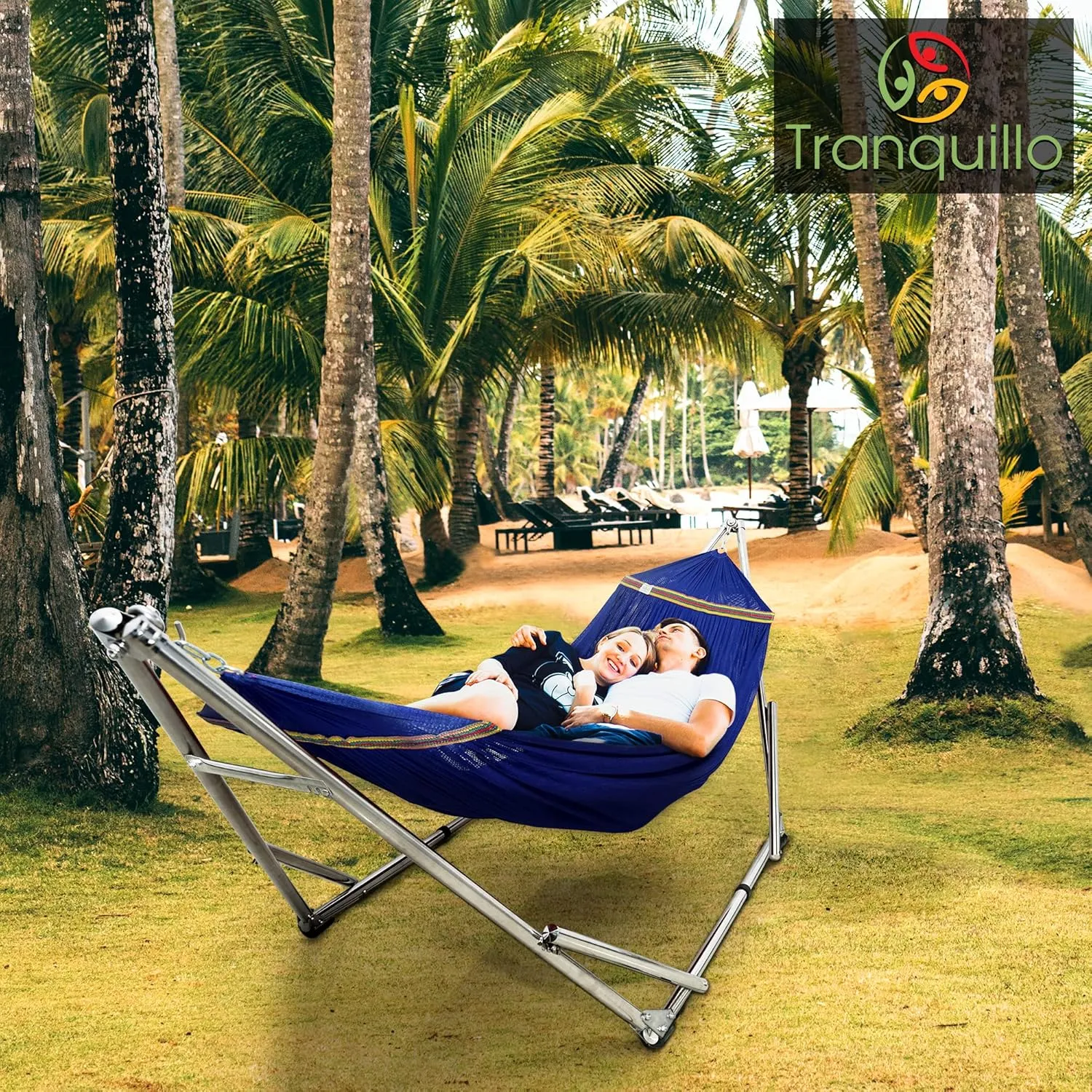 Tranquillo 650 lbs Capacity Double Hammock Stand for 2 Persons, Adjustable Hammock Stand, Collapsible Camping Hammock and Stand, Signature Stainless Steel Stand Breathable Polyester Hammock Net, Blue