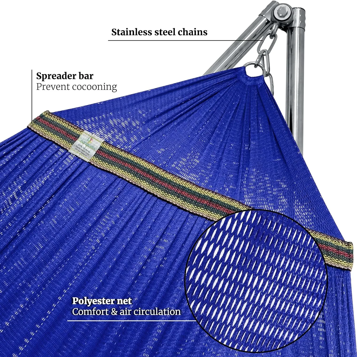 Tranquillo 650 lbs Capacity Double Hammock Stand for 2 Persons, Adjustable Hammock Stand, Collapsible Camping Hammock and Stand, Signature Stainless Steel Stand Breathable Polyester Hammock Net, Blue