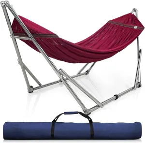 Tranquillo Portable Foldable Hammock Stand, Collapsible Camping 650 lbs Capacity, Double for 2 Persons, Premium Stainless Steel Stand and Breathable Hammock Net, Red