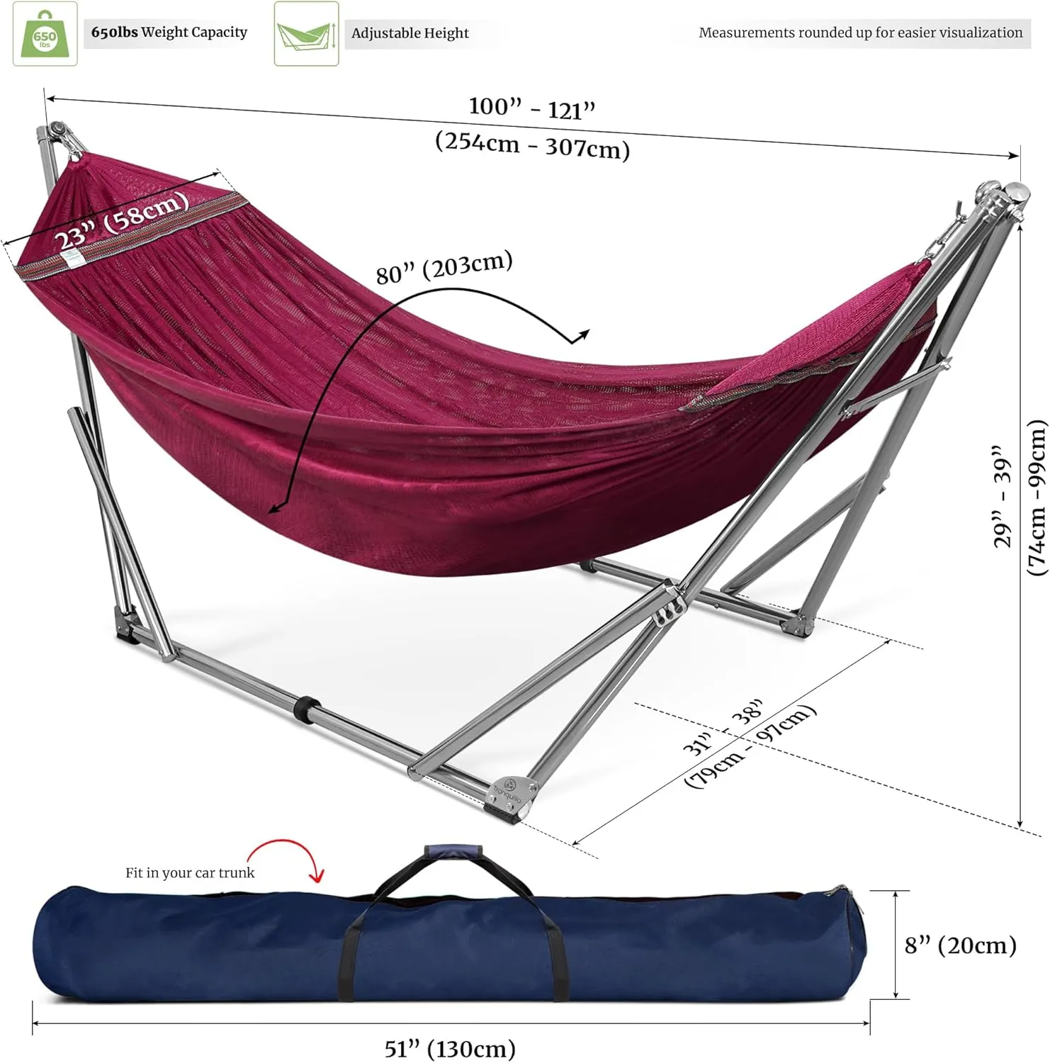 Tranquillo Portable Foldable Hammock Stand, Collapsible Camping 650 lbs Capacity, Double for 2 Persons, Premium Stainless Steel Stand and Breathable Hammock Net, Red