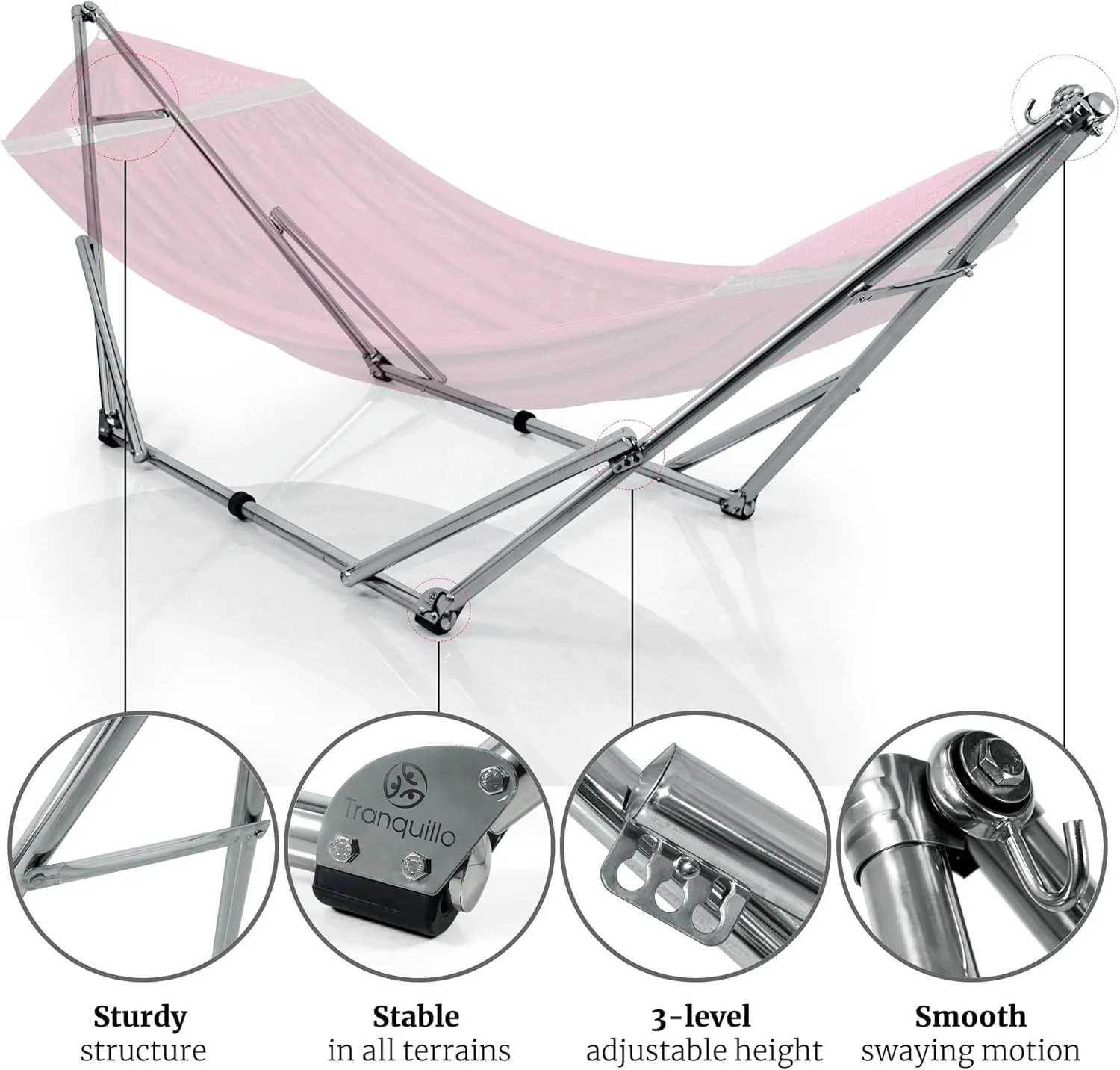 Tranquillo Portable Foldable Hammock Stand, Collapsible Camping 650 lbs Capacity, Double for 2 Persons, Premium Stainless Steel Stand and Breathable Hammock Net, Red