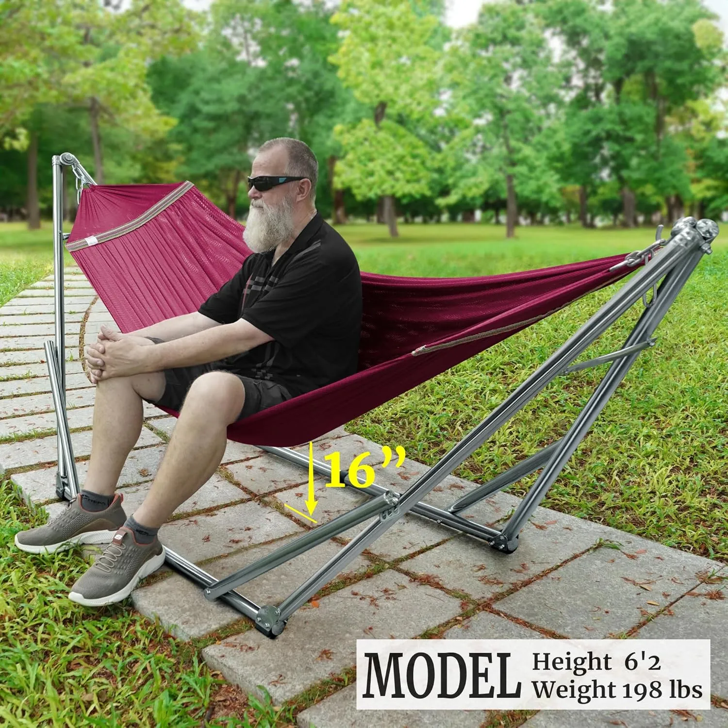 Tranquillo Portable Foldable Hammock Stand, Collapsible Camping 650 lbs Capacity, Double for 2 Persons, Premium Stainless Steel Stand and Breathable Hammock Net, Red