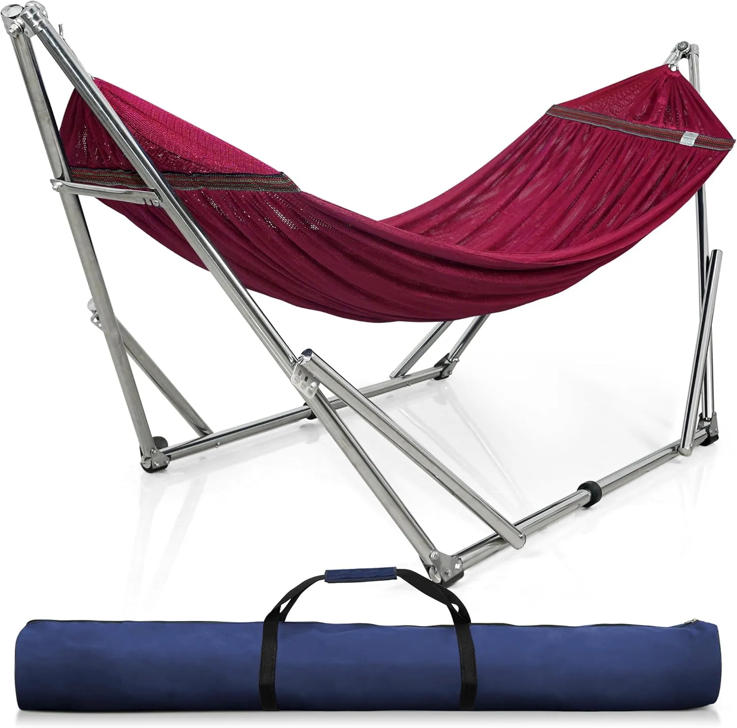 Tranquillo Portable Foldable Hammock Stand, Collapsible Camping 650 lbs Capacity, Double for 2 Persons, Premium Stainless Steel Stand and Breathable Hammock Net, Red