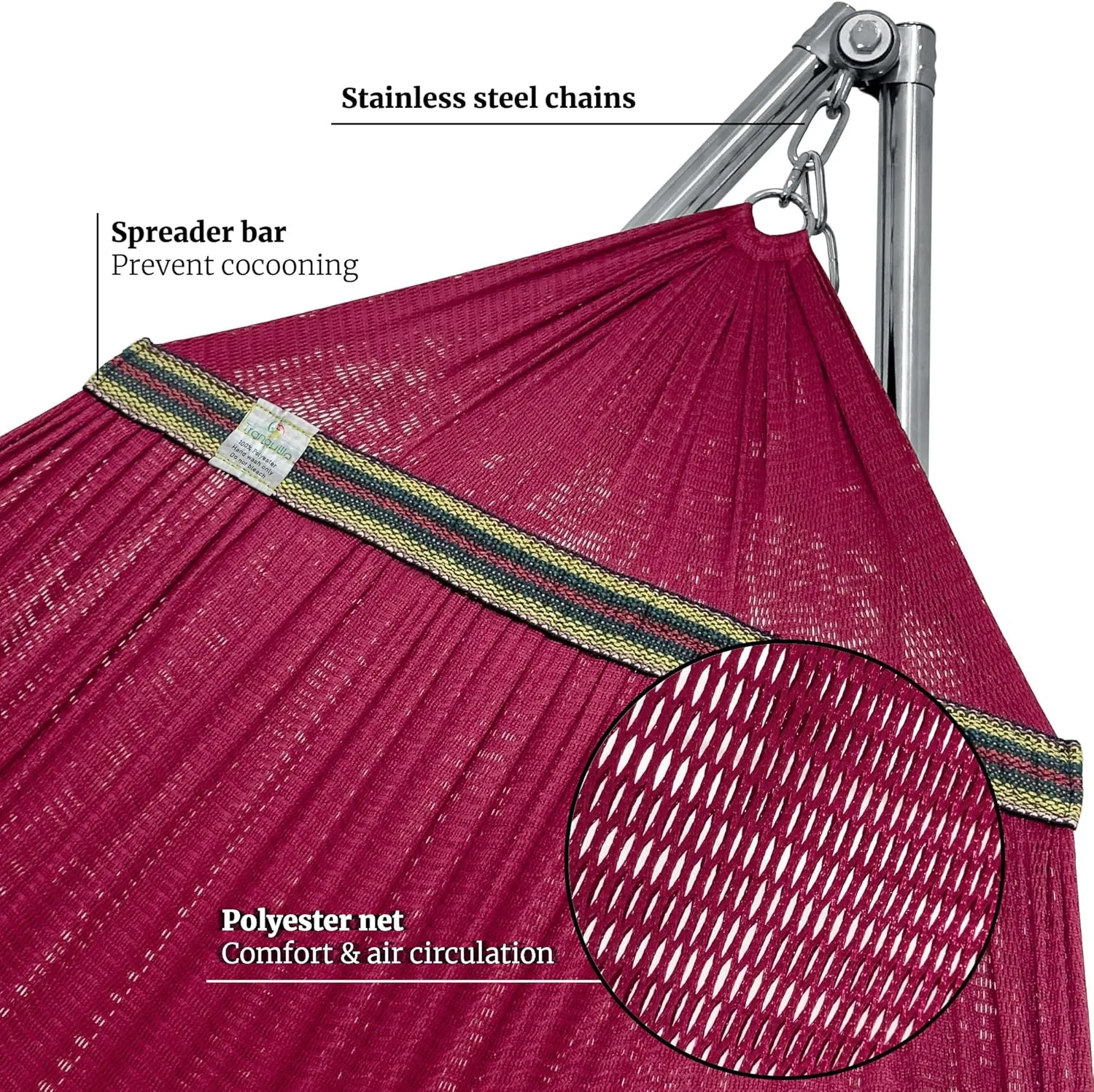 Tranquillo Portable Foldable Hammock Stand, Collapsible Camping 650 lbs Capacity, Double for 2 Persons, Premium Stainless Steel Stand and Breathable Hammock Net, Red