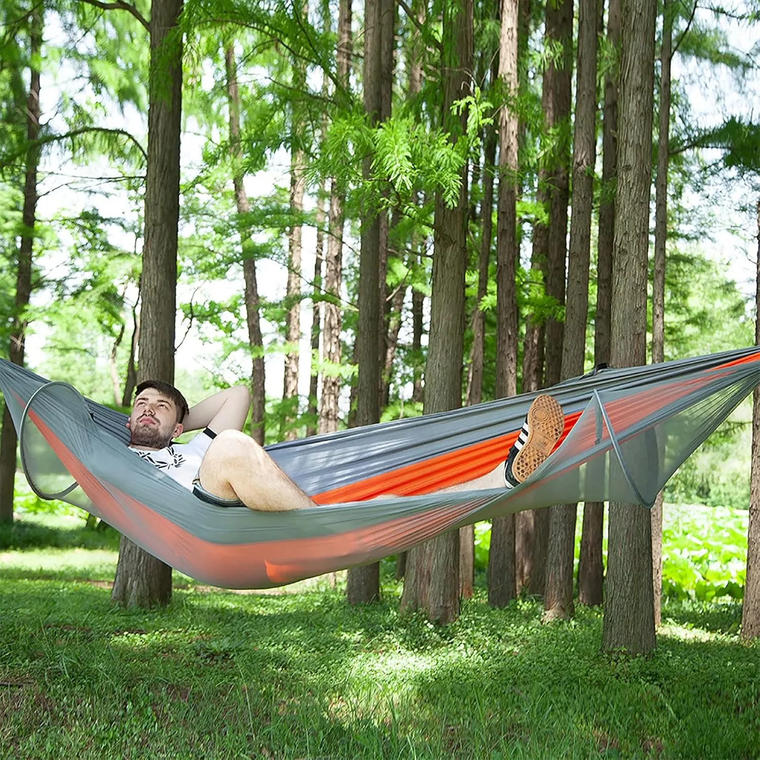 Travel Hammock with Mosquito Net, Lightweight Camping Hammock Hold Up to 200kg, Portable Outdoor Hammock for Camping Hiking Backpacking,Orange,290x140cm
