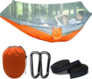 Travel Hammock with Mosquito Net, Lightweight Camping Hammock Hold Up to 200kg, Portable Outdoor Hammock for Camping Hiking Backpacking,Orange,290x140cm