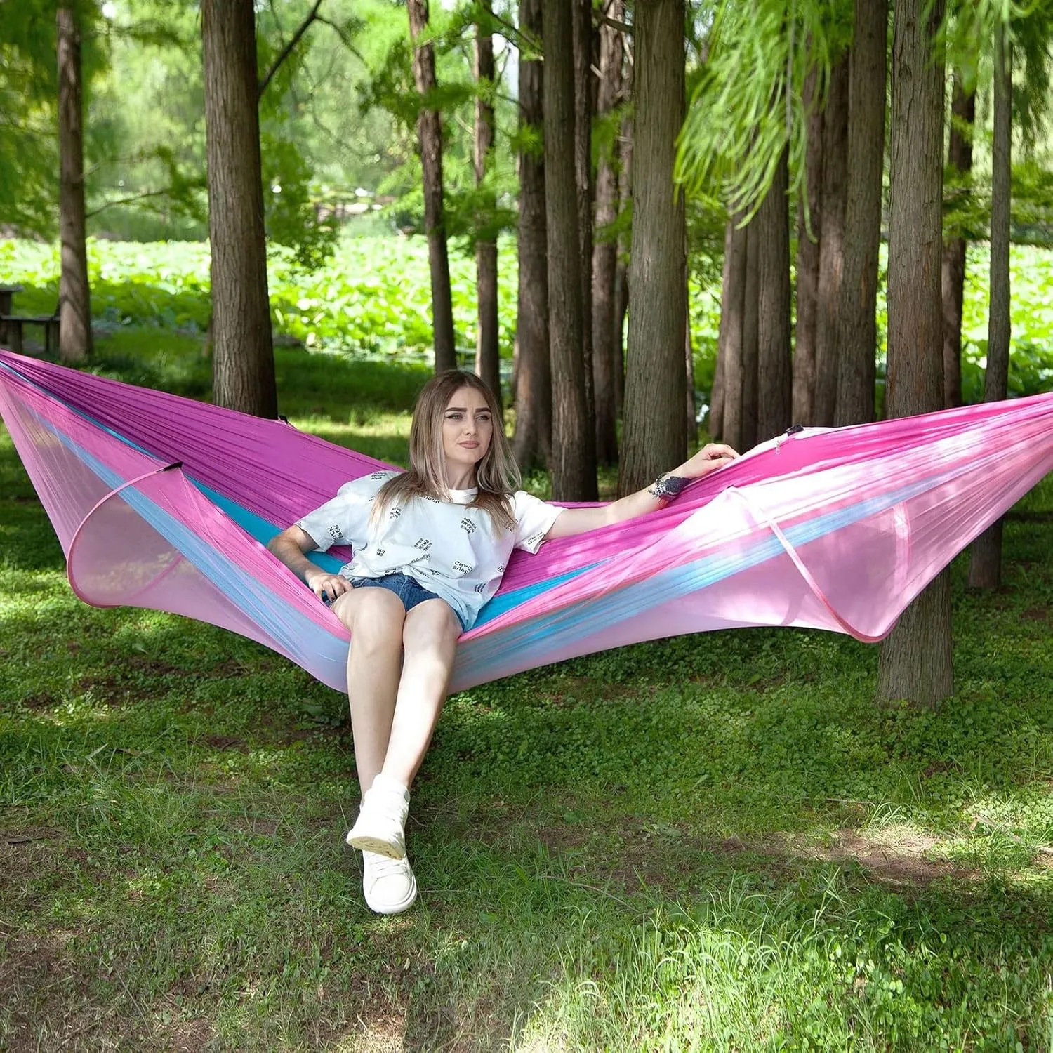 Travel Hammock with Mosquito Net, Lightweight Camping Hammock Hold Up to 200kg, Portable Outdoor Hammock for Camping Hiking Backpacking,Pink,290x140cm