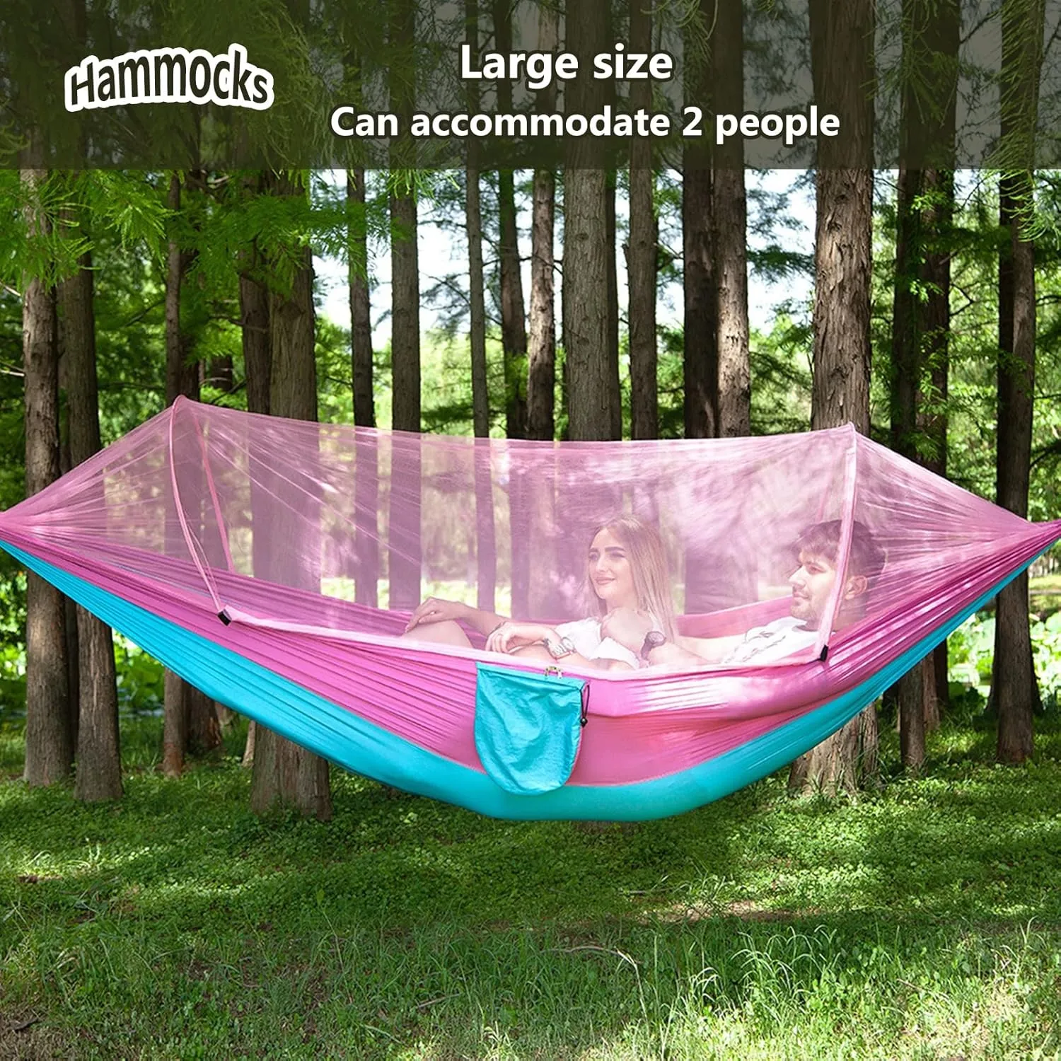 Travel Hammock with Mosquito Net, Lightweight Camping Hammock Hold Up to 200kg, Portable Outdoor Hammock for Camping Hiking Backpacking,Pink,290x140cm
