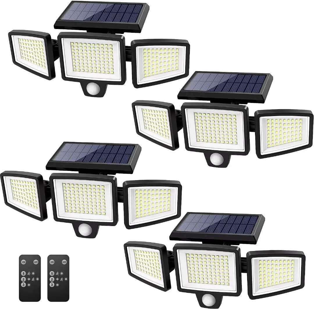 Tuffenough Solar Outdoor Lights 2500LM 210 LED Security Lights with Remote Control,3 Heads Motion Sensor Lights, IP65 Waterproof,270° Wide Angle Flood Wall Lights with 3 Modes(4 Packs)