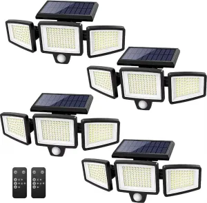 Tuffenough Solar Outdoor Lights 2500LM 210 LED Security Lights with Remote Control,3 Heads Motion Sensor Lights, IP65 Waterproof,270° Wide Angle Flood Wall Lights with 3 Modes(4 Packs)