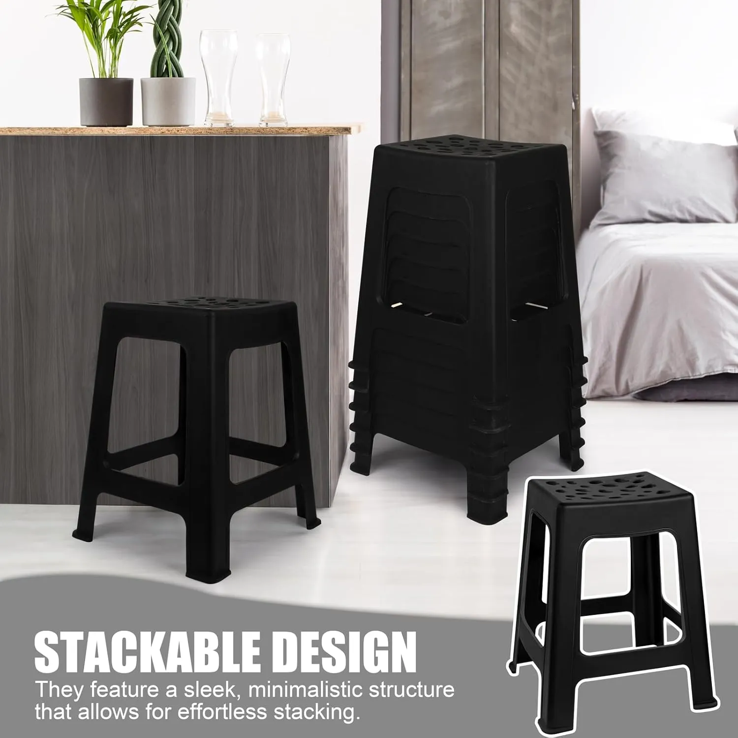 TURSTIN 12 Pack Plastic Stools 16.9 Inch Black Nesting Stools Portable Backless Bar Stool Flexible Seating Chairs for Classroom Office Home