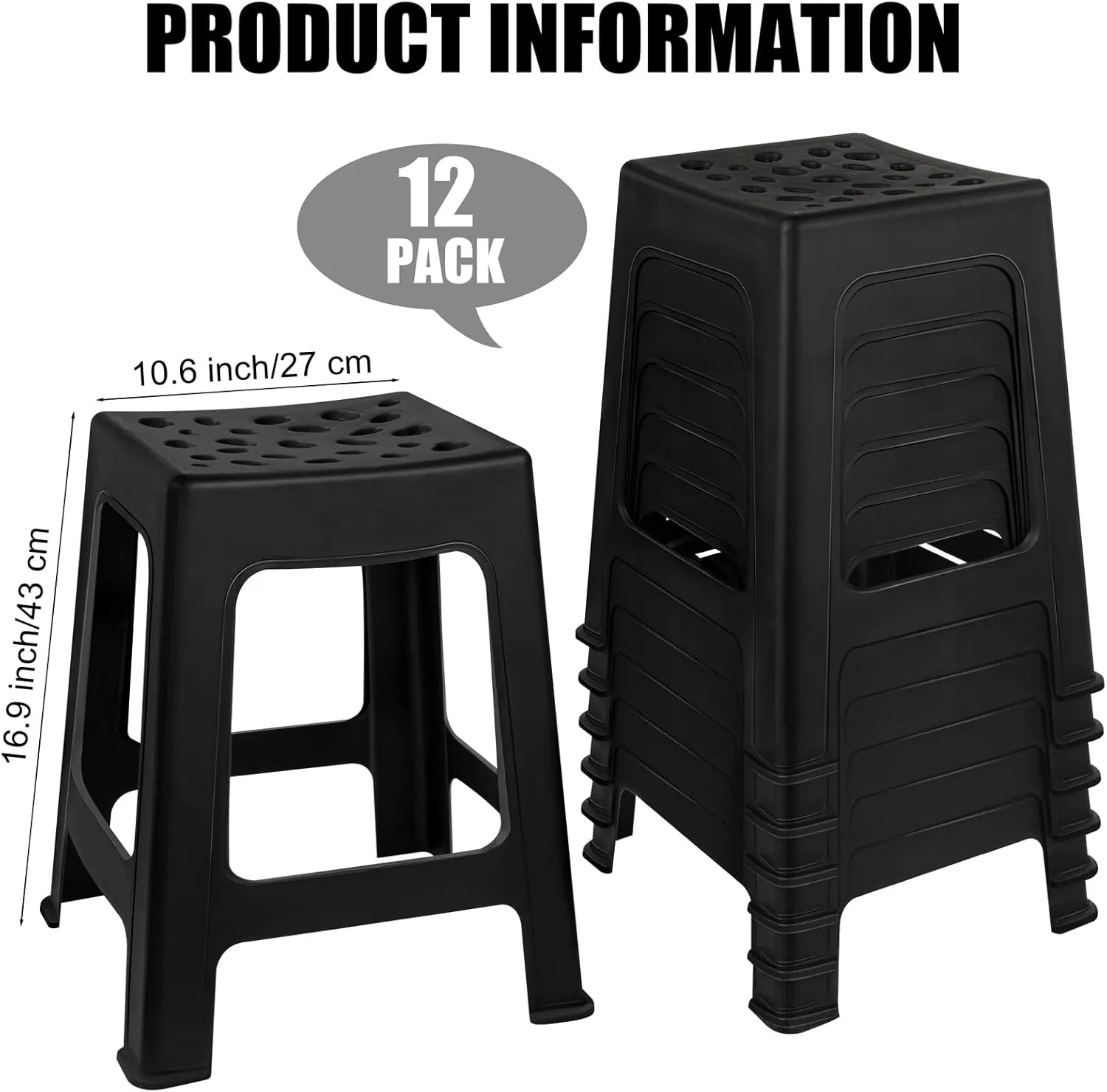 TURSTIN 12 Pack Plastic Stools 16.9 Inch Black Nesting Stools Portable Backless Bar Stool Flexible Seating Chairs for Classroom Office Home