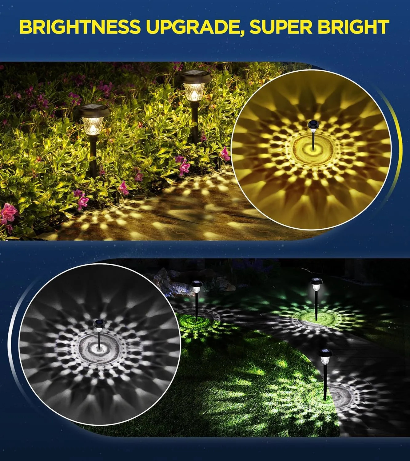 Ultra Bright Solar Lights Outdoor Waterproof 8 Pack, 100% Faster Charge Solar Lights for Outside with Vibrant Mandala Pattern, Solar Pathway Garden Lights Up to 12H Auto On/Off