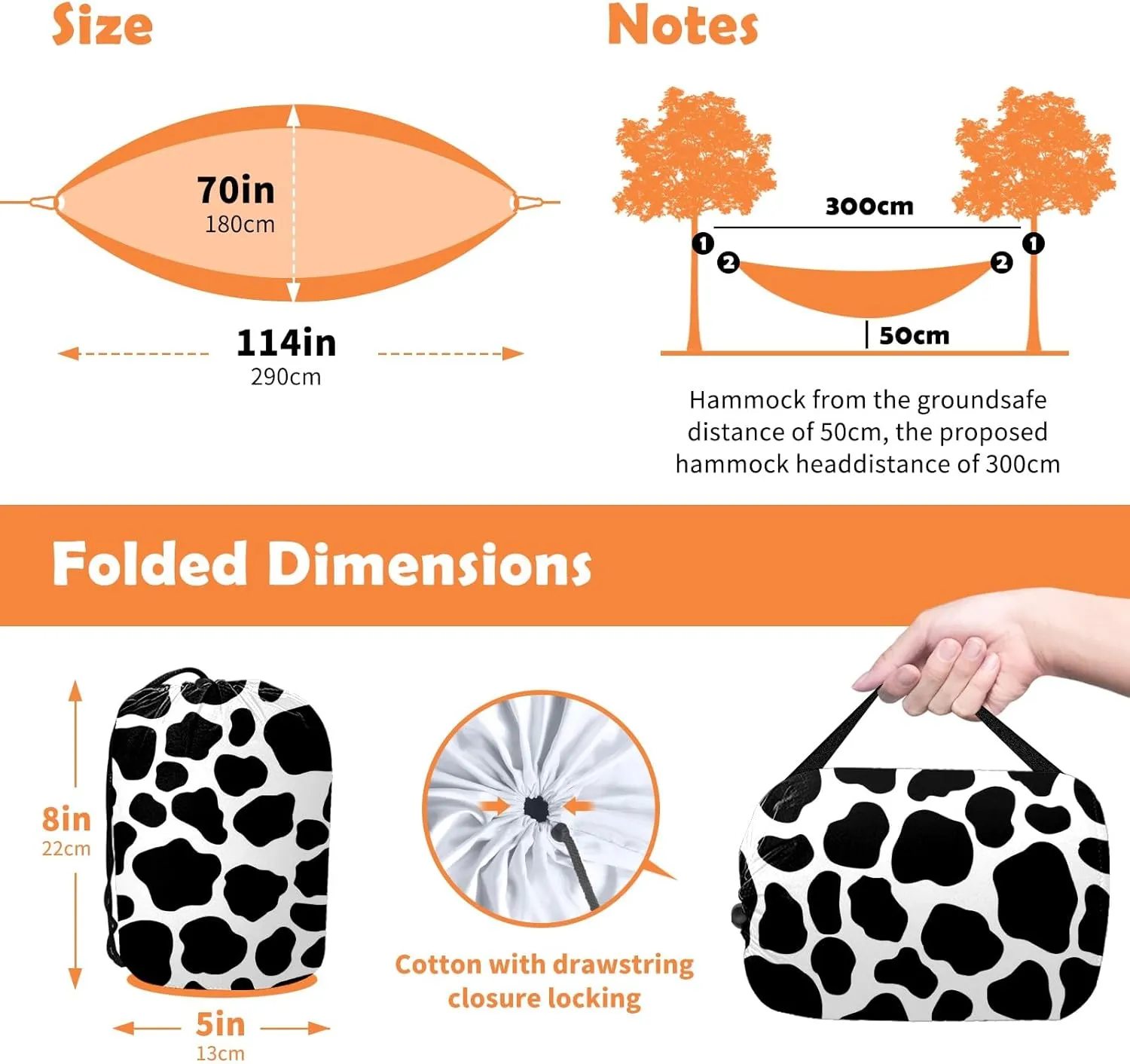 Ultra-Durable Portable Hammock for Camping Outdoor Enthusiasts Lightweight Travel Hammock Quick Setup Garden and Tree Hammock Cow Print Ideal for Backpacking, Hiking & Relaxation