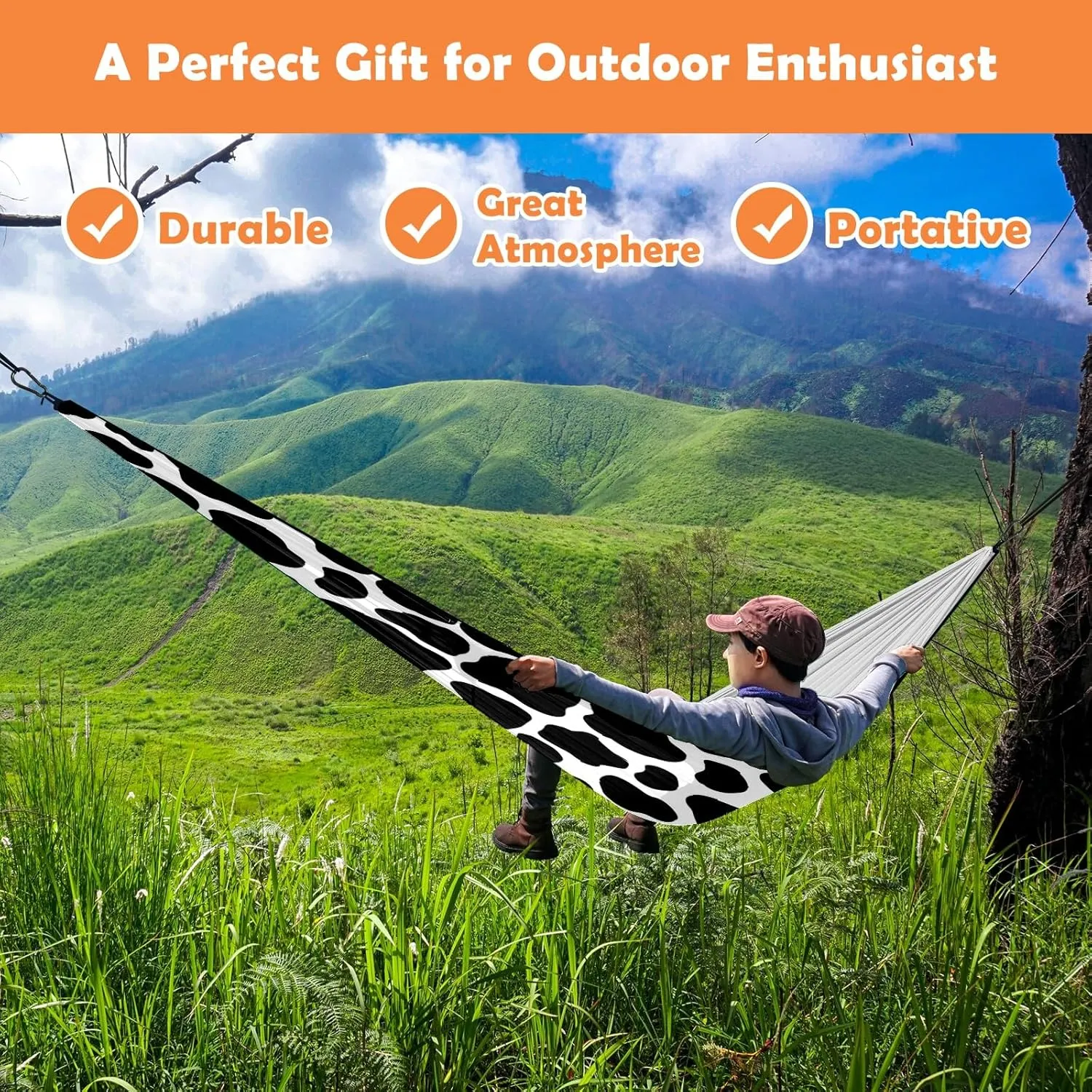 Ultra-Durable Portable Hammock for Camping Outdoor Enthusiasts Lightweight Travel Hammock Quick Setup Garden and Tree Hammock Cow Print Ideal for Backpacking, Hiking & Relaxation