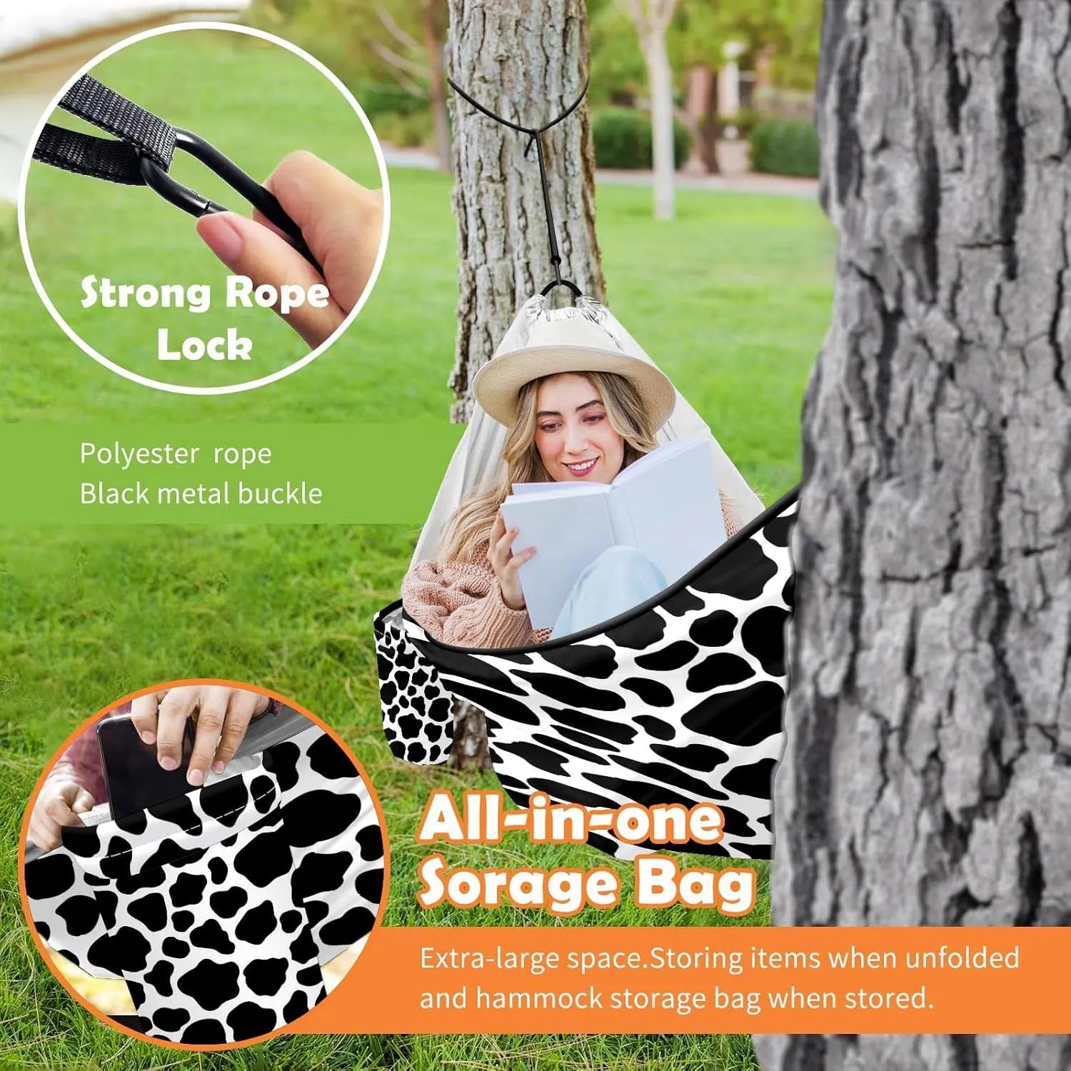 Ultra-Durable Portable Hammock for Camping Outdoor Enthusiasts Lightweight Travel Hammock Quick Setup Garden and Tree Hammock Cow Print Ideal for Backpacking, Hiking & Relaxation